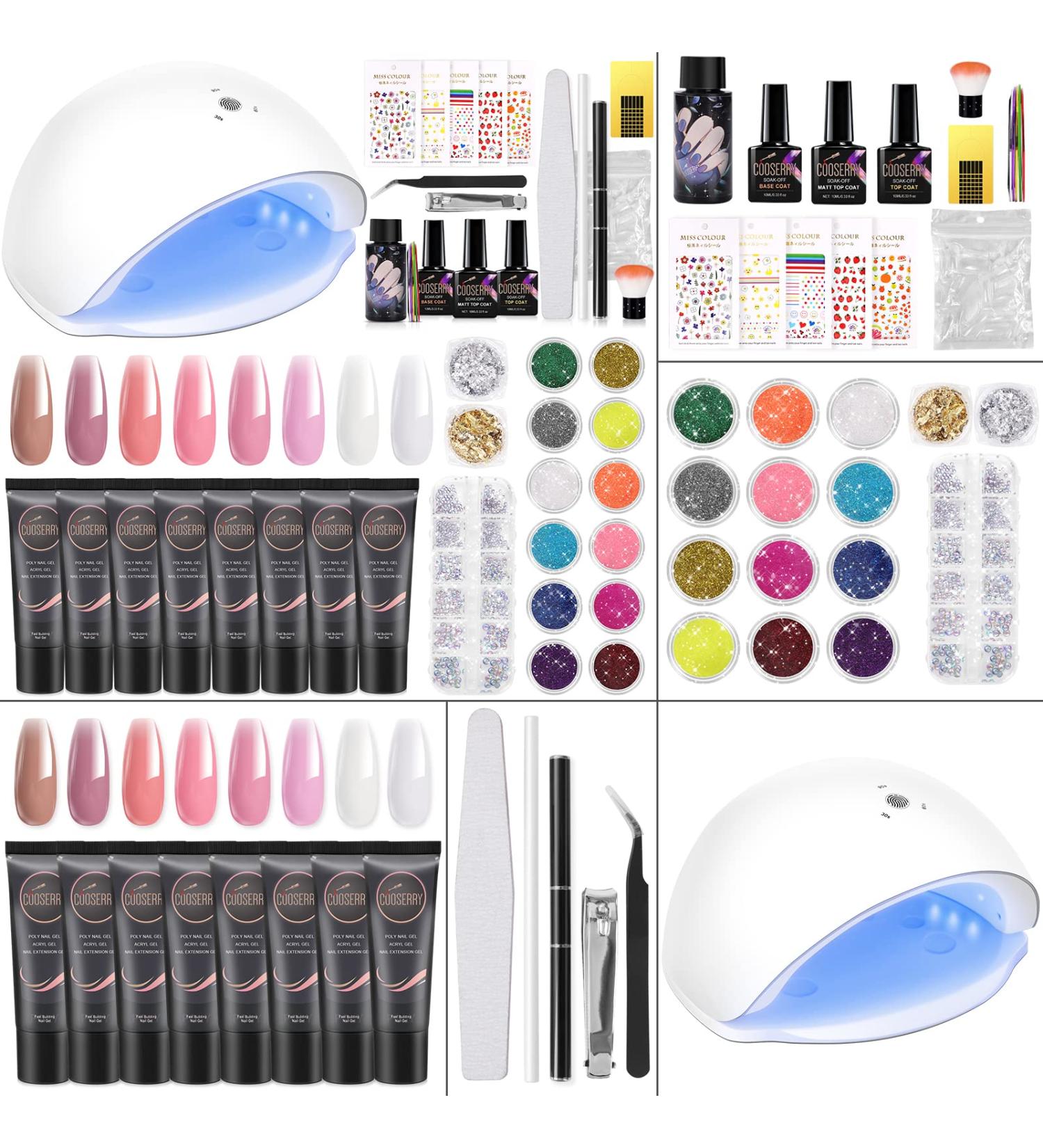COOSERRY Poly Gel Nail Kit - 8 Colors with 48W Led Lamp for Nail Extension - Builder Gel Set with Slip Solution, Top Base Coat, Rhinestone Glitter - Beginner Starter Kit - Buy Online on GoSupps.com
