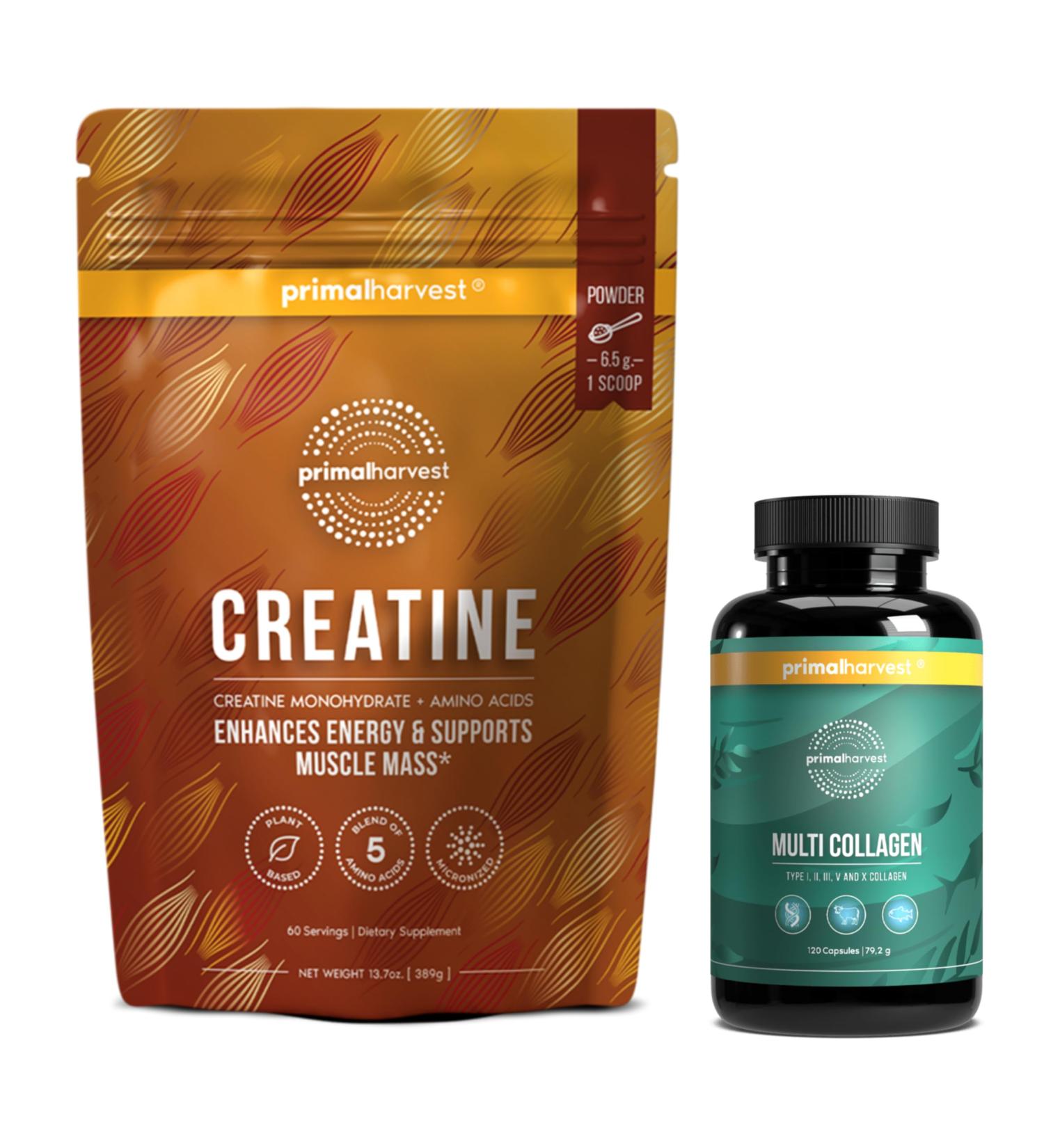 Primal Creatine Powder + Primal Multi Collagen Capsules Bundle | 2-Pack | Support Strength Recovery Joint & Skin Health | 30 Servings Each - Buy Online on GoSupps.com