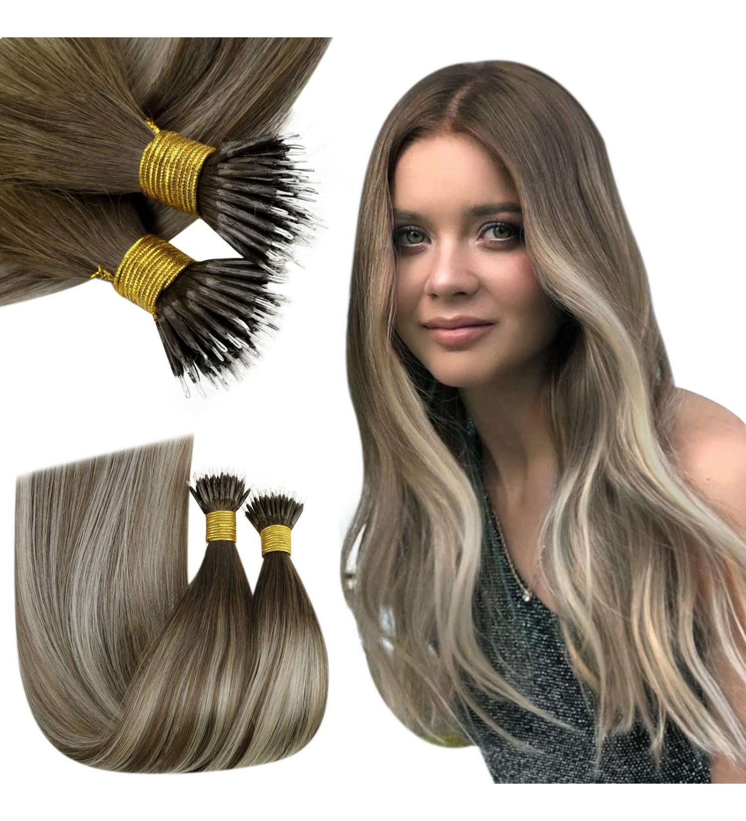 RUNATURE Nano Ring Hair Extensions Real Human Hair Blonde to Brown Ombre 20 Inch 50g A-Nano-#3/8/22 - Buy Online on GoSupps.com