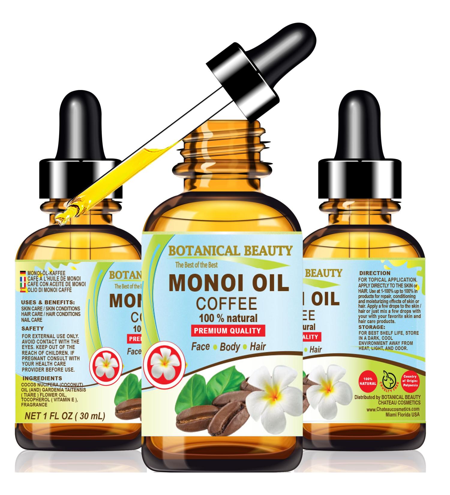 Botanical Beauty MONOI OIL COFFEE. Frangipani flowers in Coconut Oil with Coffee aroma. 100% Natural Pure for FACE SKIN BODY HAIR NAILS. Luxury Beauty Oil (1 Fl Oz 30 ml) 1 Fl Oz (Pack of 1) - Buy Online on GoSupps.com