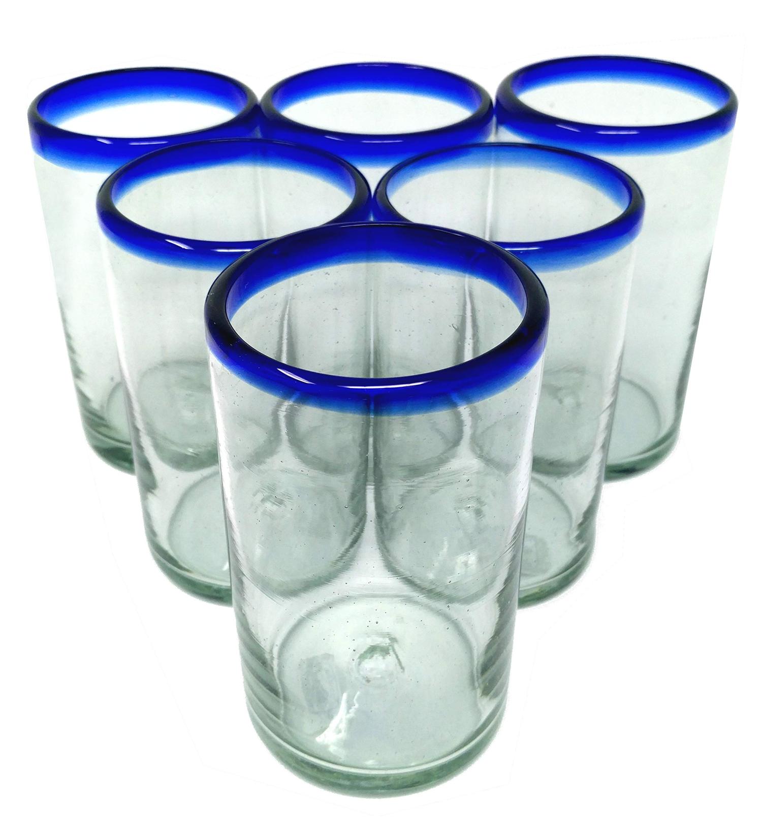 Set of 6 Hand Blown Mexican Drinking Glasses with Cobalt Blue Rims - 14 oz each - Buy Online on GoSupps.com