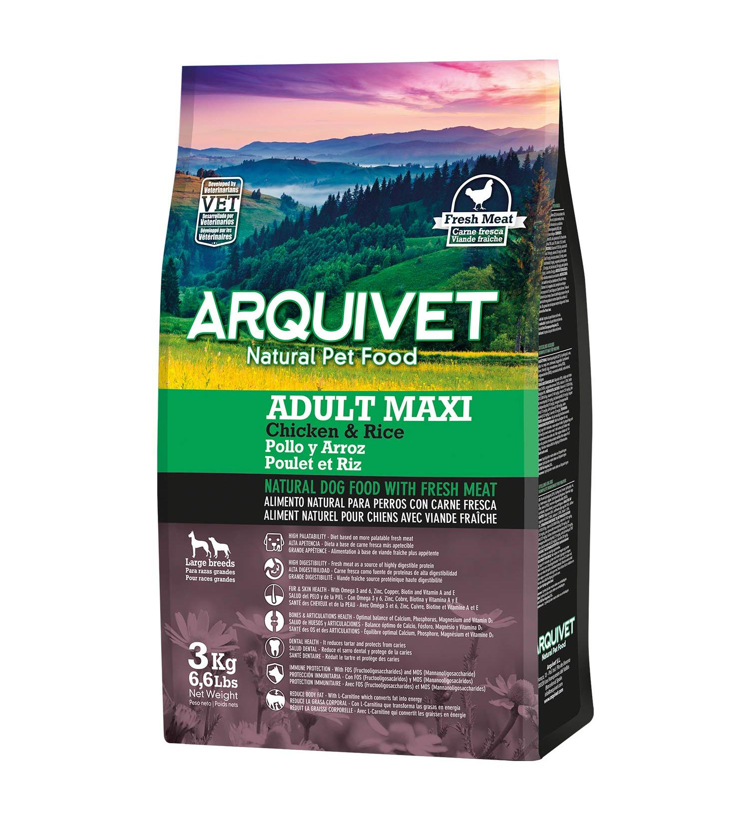 ARQUIVET Adult Maxi - Croquettes for adult dogs of large breeds - Chicken and rice - 3kg - Dry food for dogs - Highly digestible gastro-ointments - Buy Online on GoSupps.com