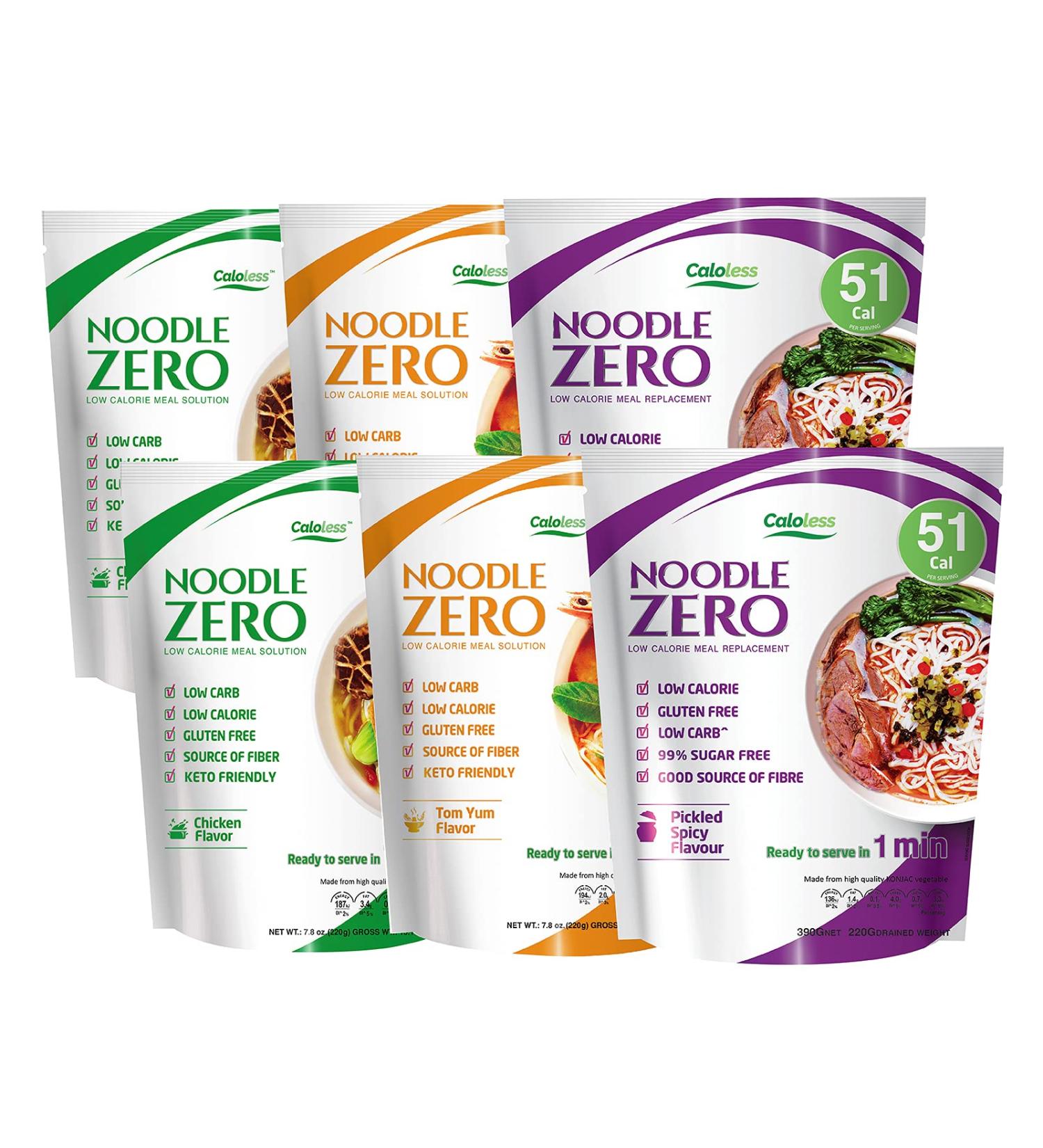 Caloless Zero Carb Konjac Shirataki Noodles Variety 6 Pack - Chicken, Tom Yum, Pickle Spicy Flavors - Gluten Free, Diabetic Friendly, Keto-Friendly Pasta Option - Buy Online on GoSupps.com