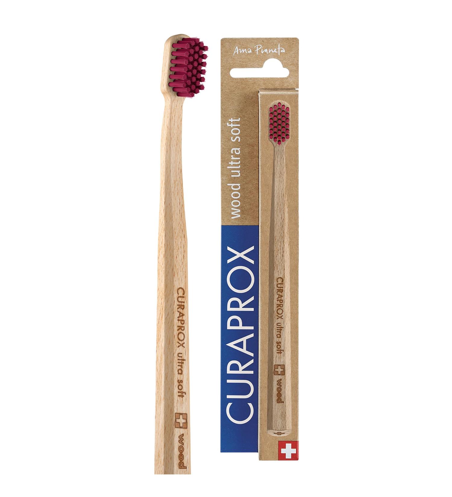 Curaprox Eco-Friendly Wooden Toothbrush - Ultra-Soft Bordeaux Red Bristles for Gentle & Effective Cleaning - Buy Online on GoSupps.com