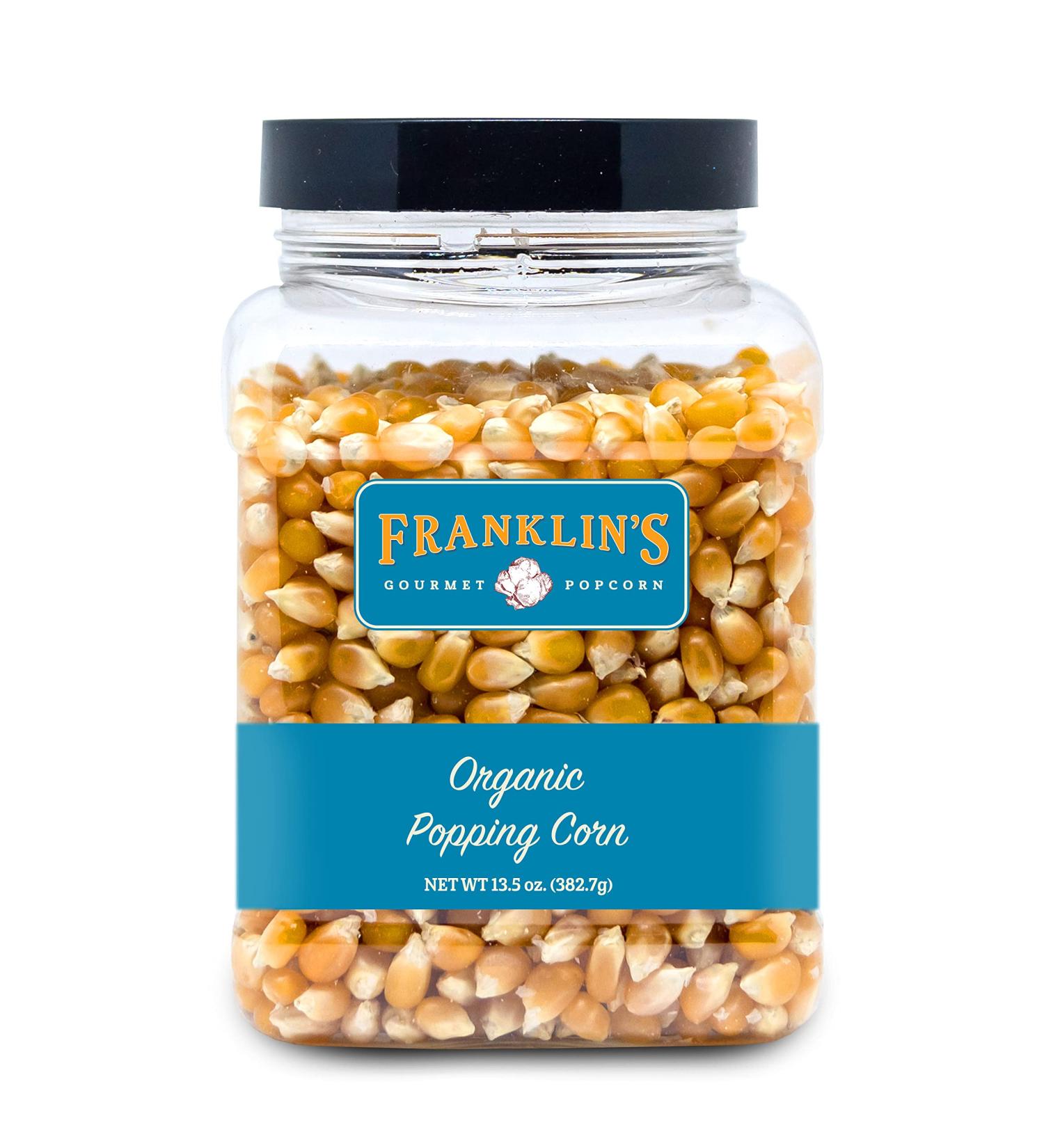 Franklin's Gourmet Organic Popcorn Kernels - 13.5oz Tub - Made in USA, All-Natural, Certified USDA Organic, Best Movie Theater Taste - Buy Online on GoSupps.com