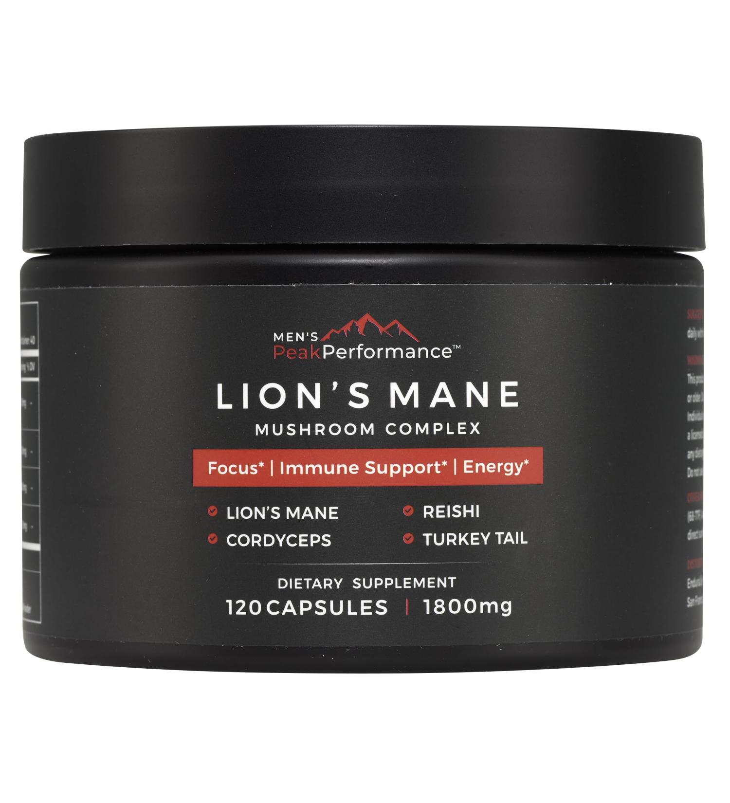 MEN'S PeakPerformance Lion's Mane Mushroom Supplement Capsules with Reishi Cordyceps Turkey Tail Brain Nootropic for Memory Focus Natural Energy & Immune Support Supplement (120 Capsules) - Buy Online on GoSupps.com