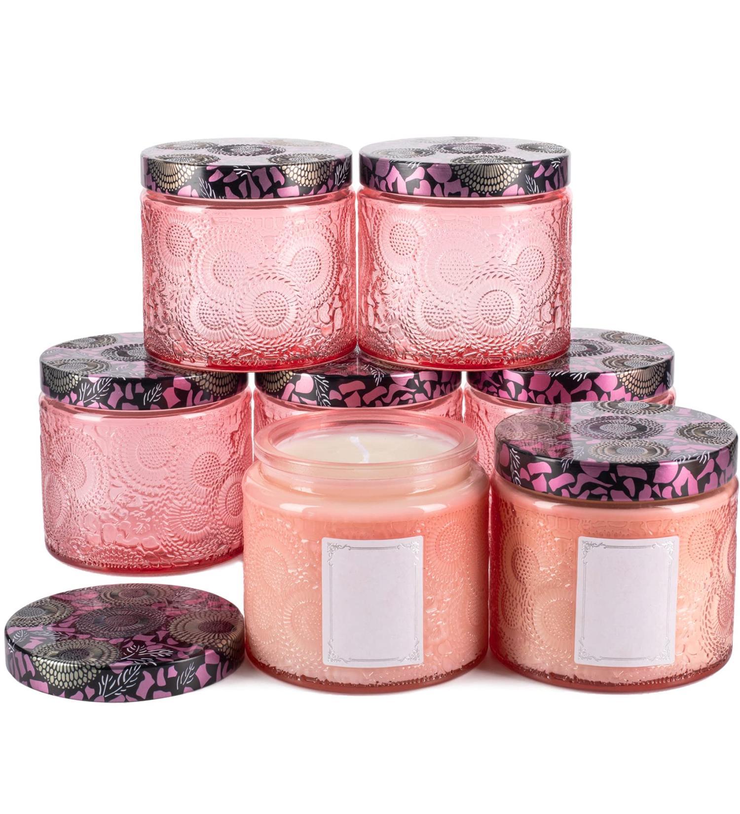 10 oz Pink Embossed Glass Candle Container with Tin Lid and Labels - Buy Online on GoSupps.com