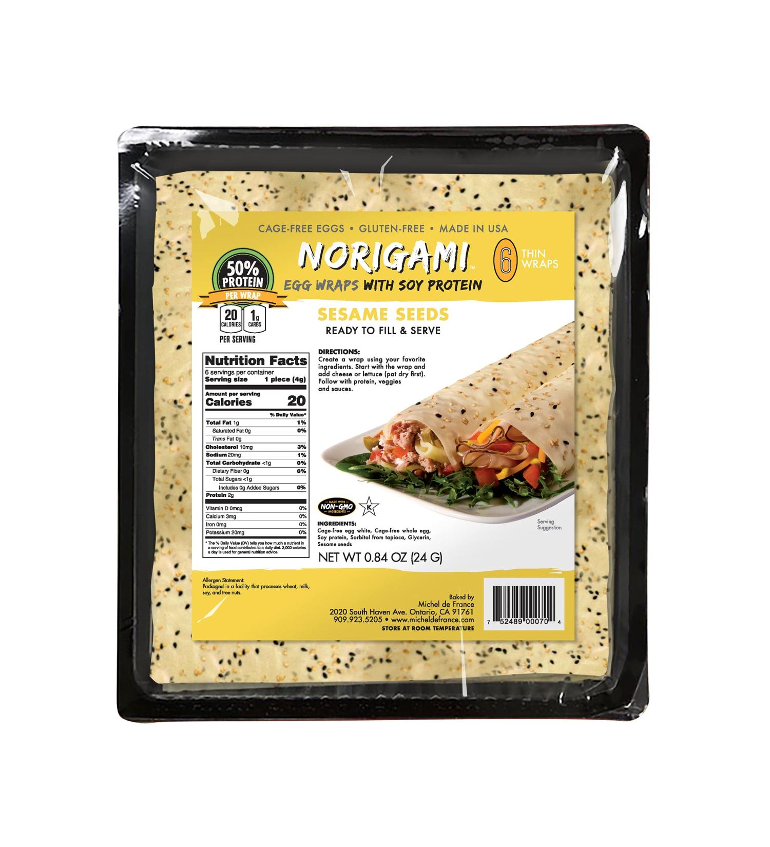 Norigami Egg Wraps Soy Protein- Low Carb Thin Healthy Wrap, Certified Kosher, Non GMO, Gluten Free - 6 Wraps with Sesame Seeds (1 Pack) - Buy Online on GoSupps.com