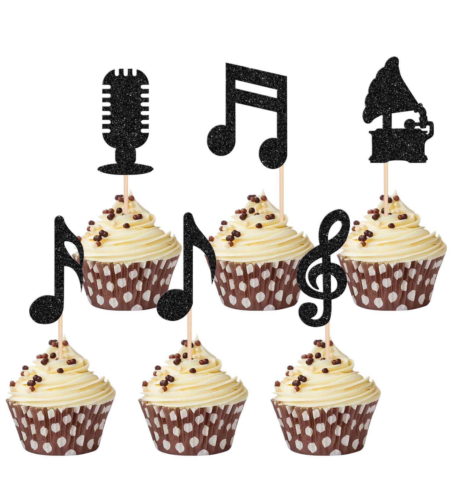 Rsstarxi 24 Pack Music Notes Cupcake Toppers Black Glitter Microphone Musical Symbol Cupcake Picks Decorations for Musical Social Media Theme Baby Shower Kids Birthday Party Cake Decorations Design 2 Black