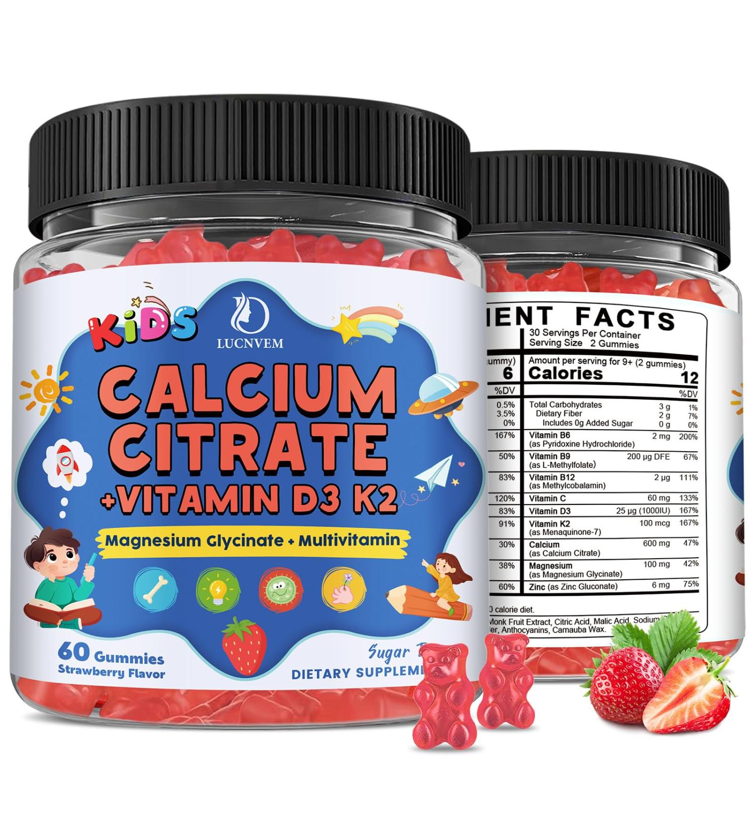 Kids Calcium Citrate Gummies with Vitamin D3 Supplement Calcium Citrate 300/600 mg with Magnesium Zinc & Multivitamin for Kids 4+ Support Bone Muscle & Digestive Health Sugar Free Strawberry 120ct - Buy Online on GoSupps.com