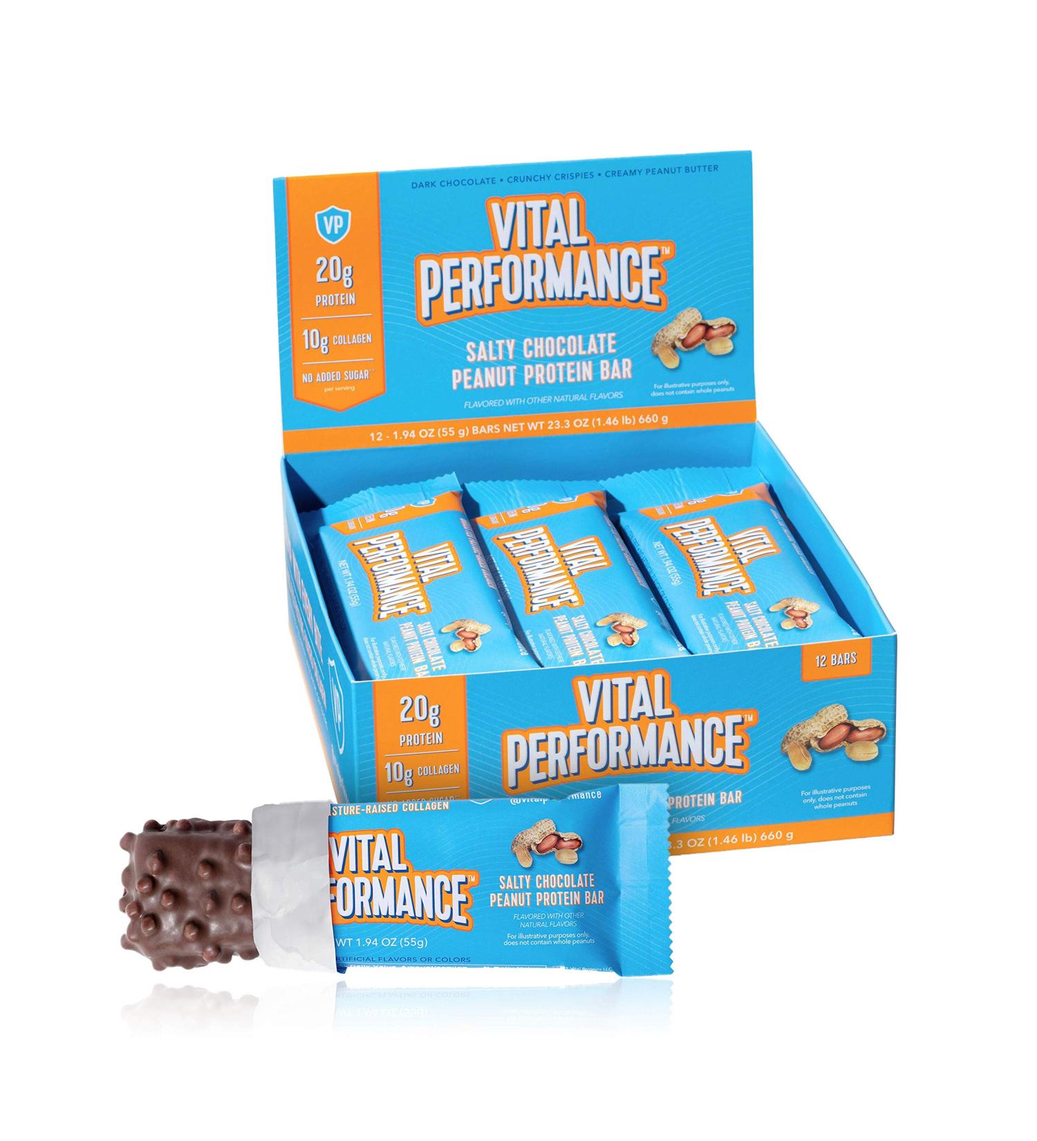 Vital Performance Protein Bar 20g Protein, 10g Collagen Peptides, Healthy Snacks, Gluten Free, Low Sugar - Salty Chocolate Peanut, 12 Pack - Buy Online on GoSupps.com
