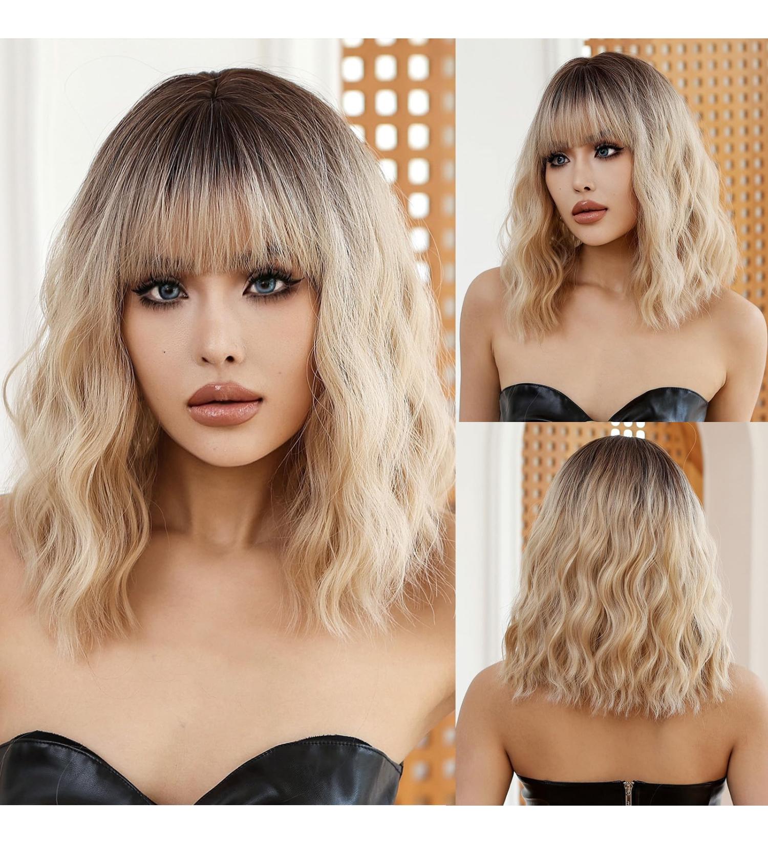 OUFEI Ombre Blonde Wigs for Women Short Wavy Wig With Bangs Natural Synthetic Hair Heat Resistant Wigs for Daily Party Cosplay Wear Ombre blonde(1118-1) - Buy Online on GoSupps.com