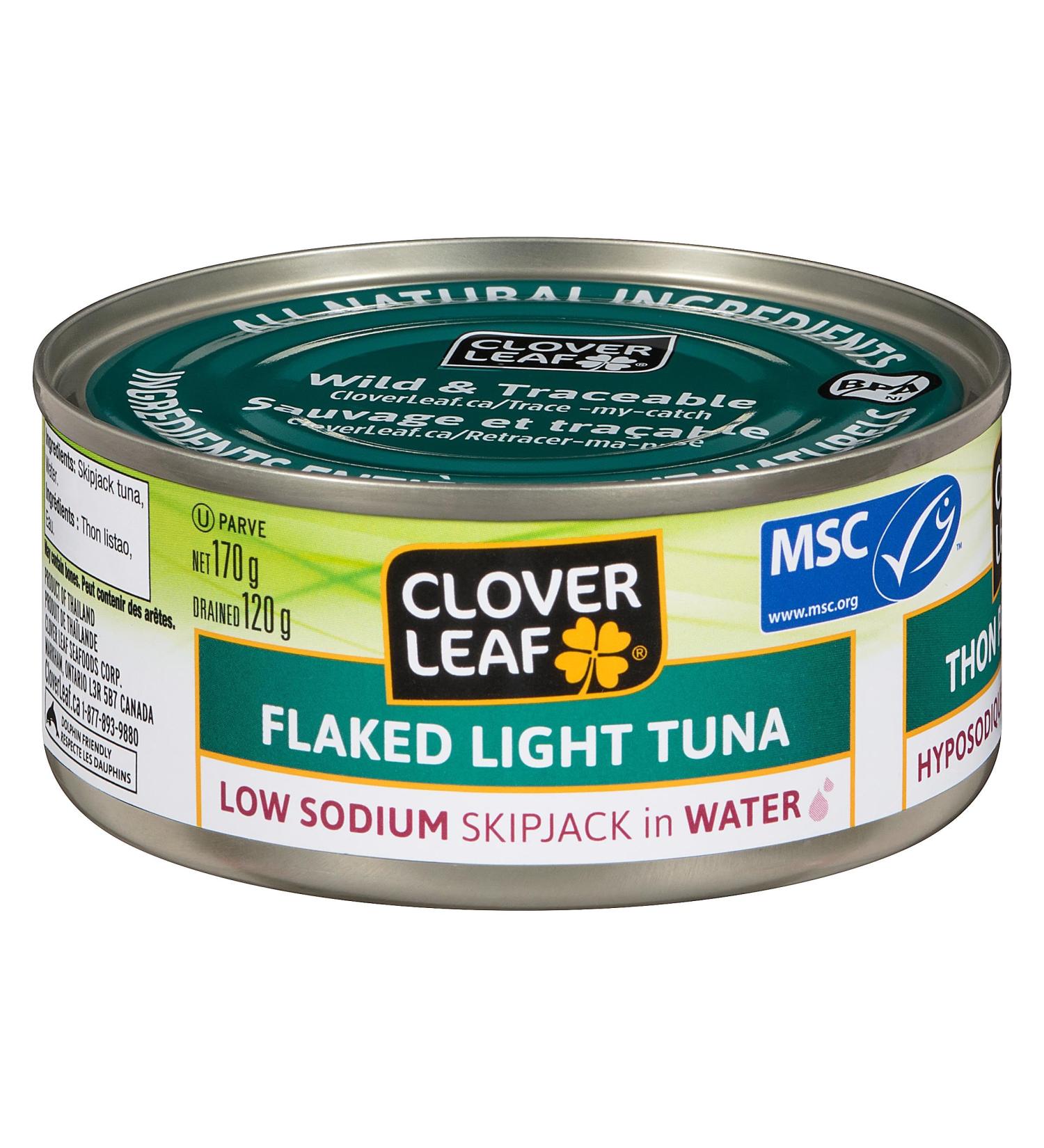 Clover Leaf Flaked Light Tuna Low Sodium Skipjack in Water - 170g 24 Count - Canned Tuna - Very High In Protein - 11g Protein Per 55g drained - 100% Wild-Caught Tuna - Traceable - Buy Online on GoSupps.com