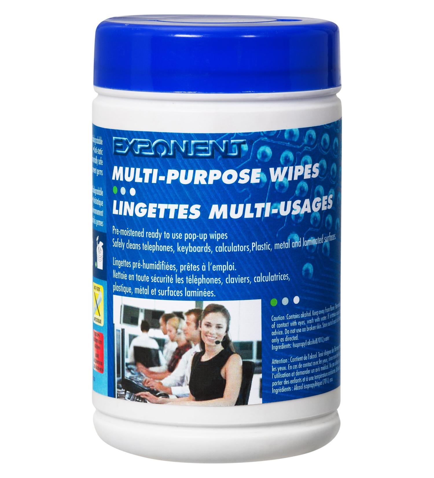 EXPONENT Pre-Moistened Ready to Use Multipurpose Wipes Biodegradable and Anti-Static Help Prevent Germs Safe on Telephone Keyboard Plastic Metal and Laminated Surface 100 Per Tub