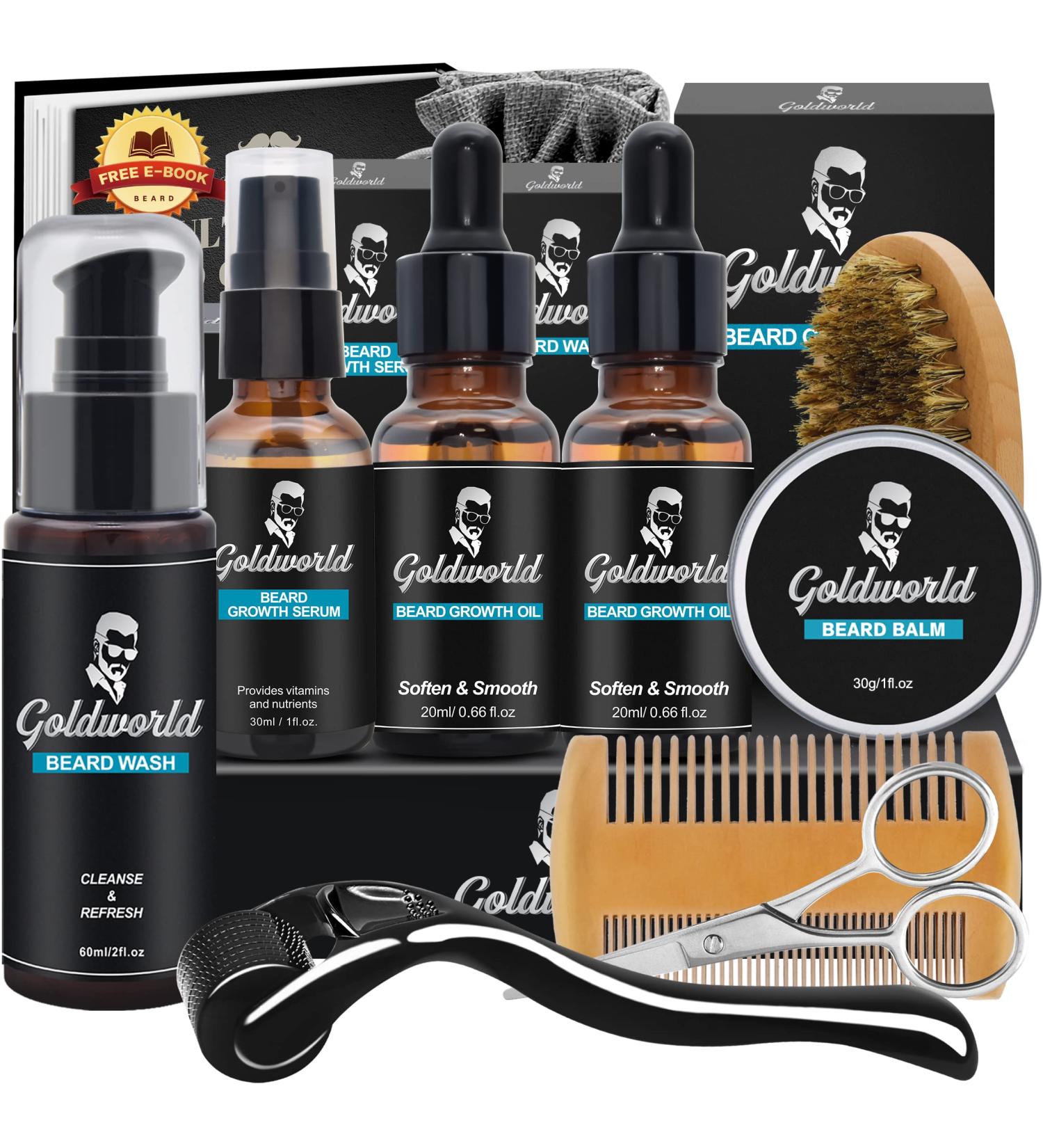 Men's Beard Growth Grooming Kit with Derma Roller - Ideal Birthday & Christmas Gift Set for Him with Beard Oil, Wash, Balm, Comb, and Brush - Buy Online on GoSupps.com