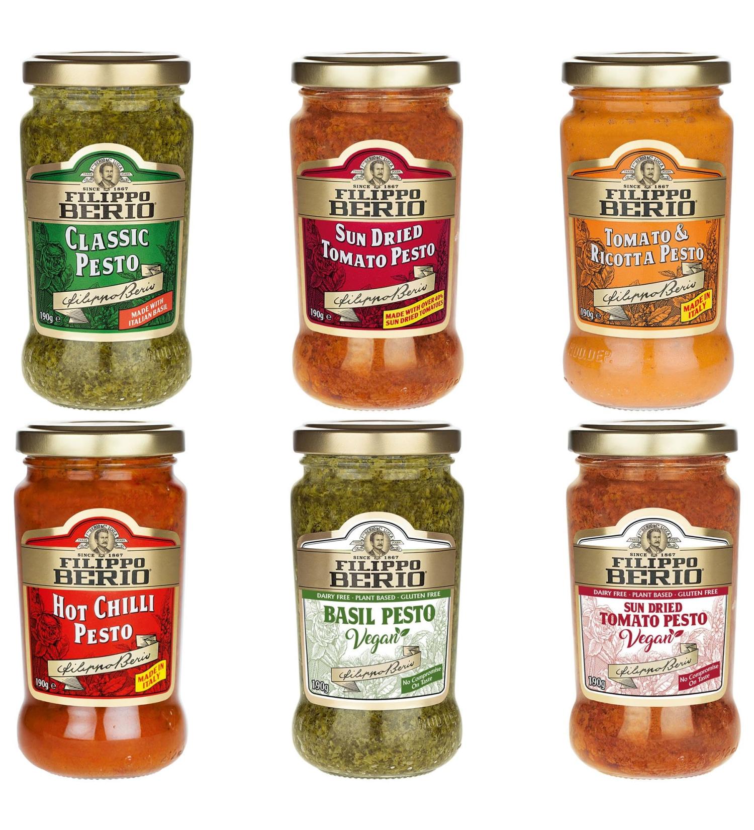 Filippo Berio Pesto Sauce Pick N Mix - Choose From Jar with 6 Flavours | Hot Chilli Classic Sun Dried-Tomato Tomato & Ricotta Vegan Basil Vegan-Sun Dried Tomato Pesto & Sauce - Pack of 4 x 190g - Buy Online on GoSupps.com