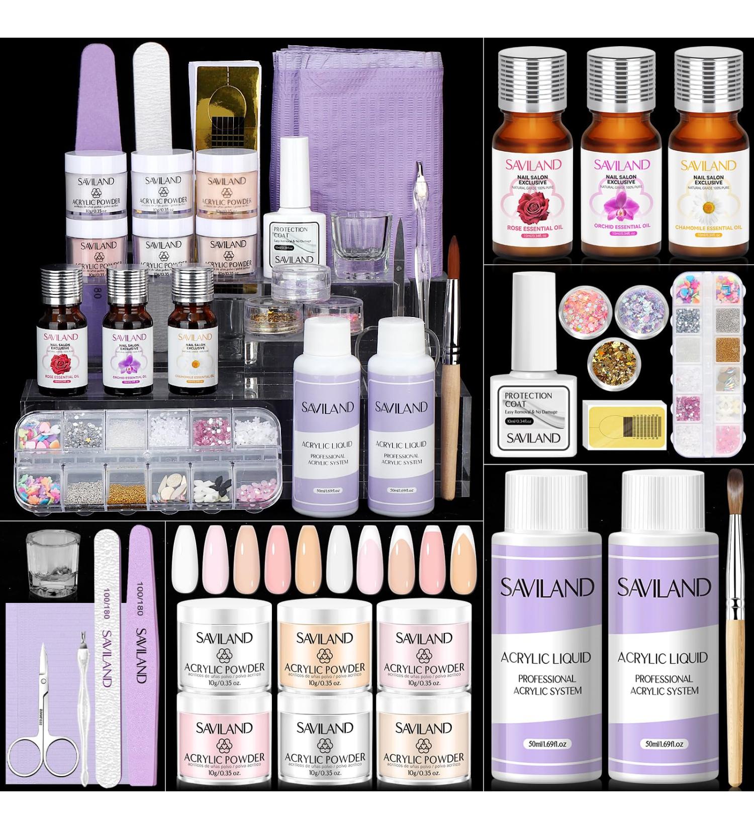 Saviland Acrylic Nail Kit for Beginners - Professional 6 Colors Powder and Liquid Set with Essential Oil, Sequins and Rhinestones - Nail Art Starter Kit for Extension and Carving - Buy Online on GoSupps.com