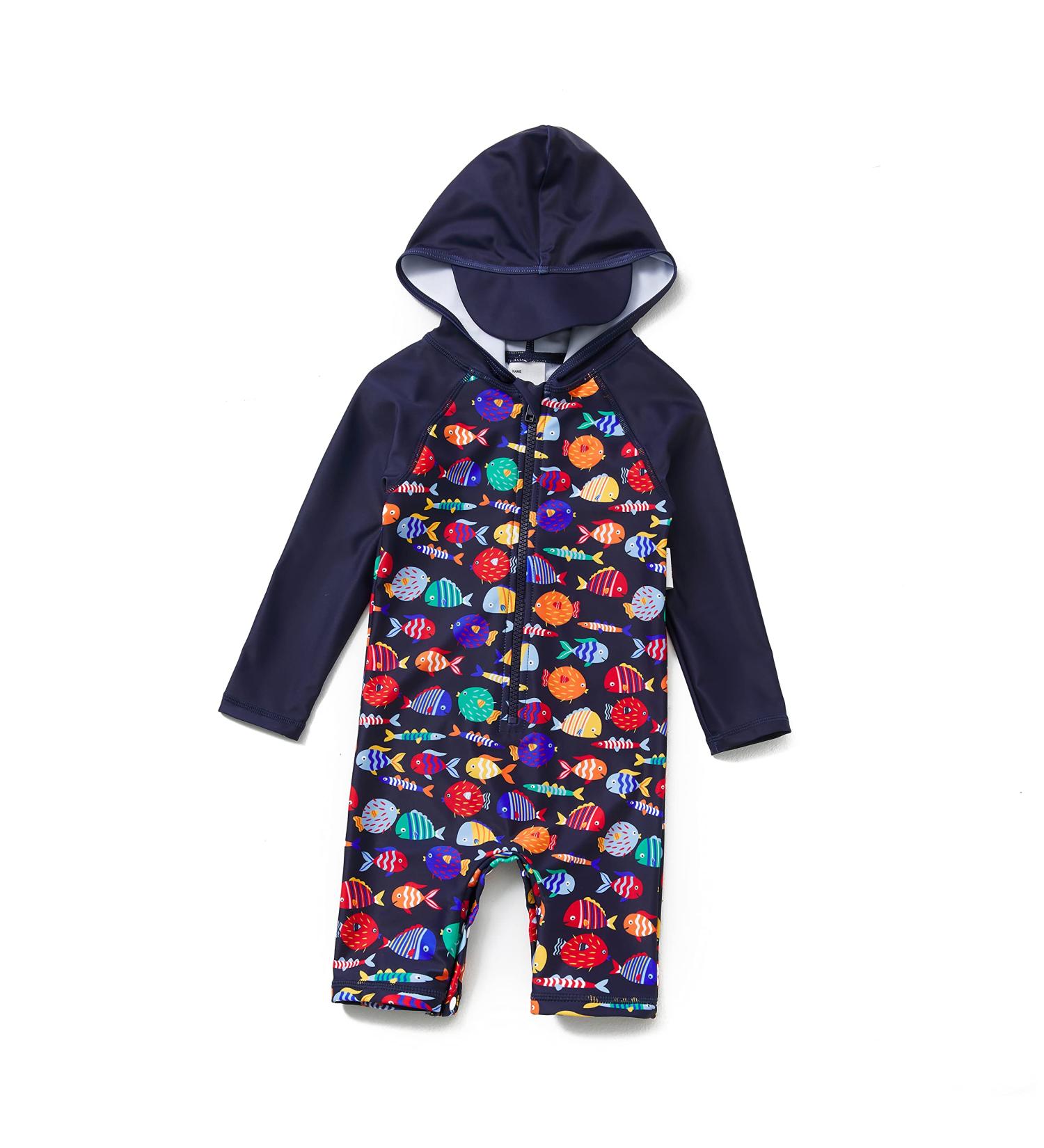 BONVERANO Baby Boys Swimsuit - UPF 50+ Full-Zip Hoodie One Piece Swimwear (6-9 Months) - Hooded Colorful Fish Print - Buy Online on GoSupps.com