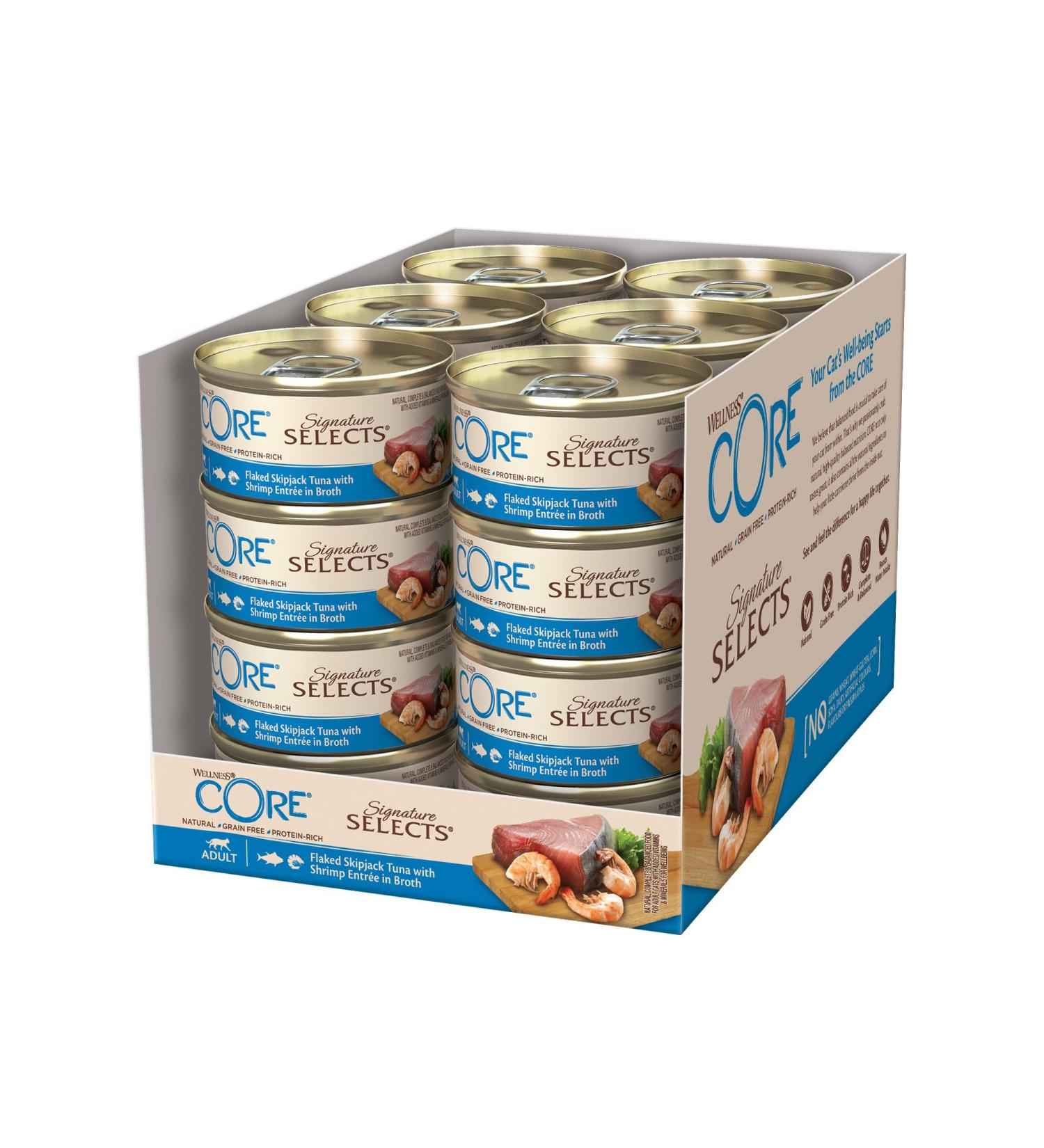 Wellness Core Signature Selects Cat Food in Broth - Grain-Free High Meat Content Flaked Bonito & Shrimp 24 x 79g - Premium Wet Cat Food - Buy Online on GoSupps.com