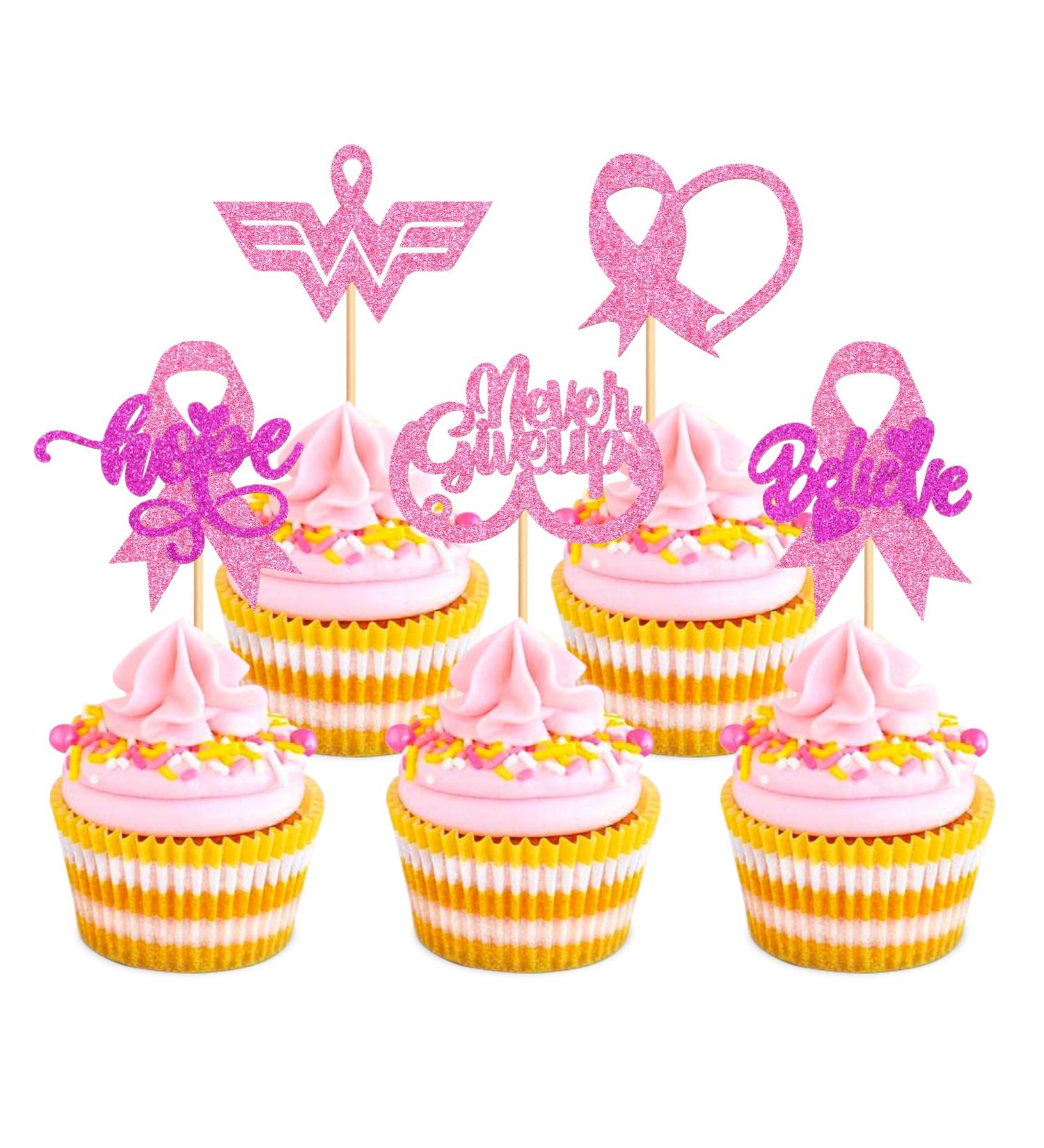 Cyodoos 30 PCS Breast Cancer Awareness Cupcake Toppers Glitter Pink Ribbon Never Give Up Beliveve Hope Cupcake Picks Pink Ribbon Party Cake Decorations Supplies - Buy Online on GoSupps.com