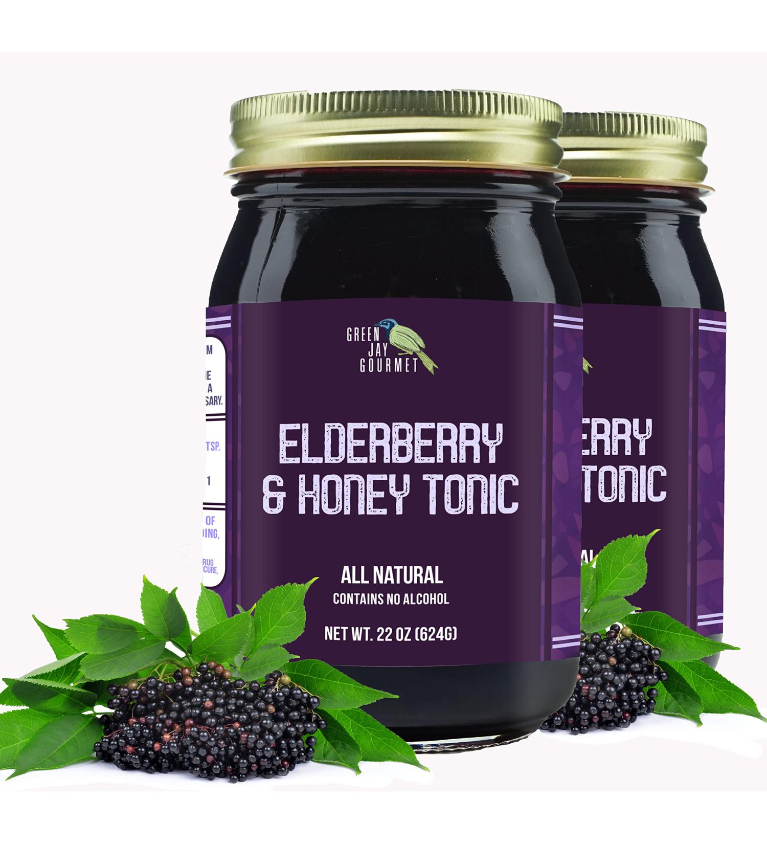 Green Jay Gourmet Elderberry Tonic  All Natural Elderberry Syrup  Elderberry Immune Support for Kids & Adults  Powerful Elderberry & Honey Blend  Sambucus Elderberry Syrup  2 x 22 Ounces