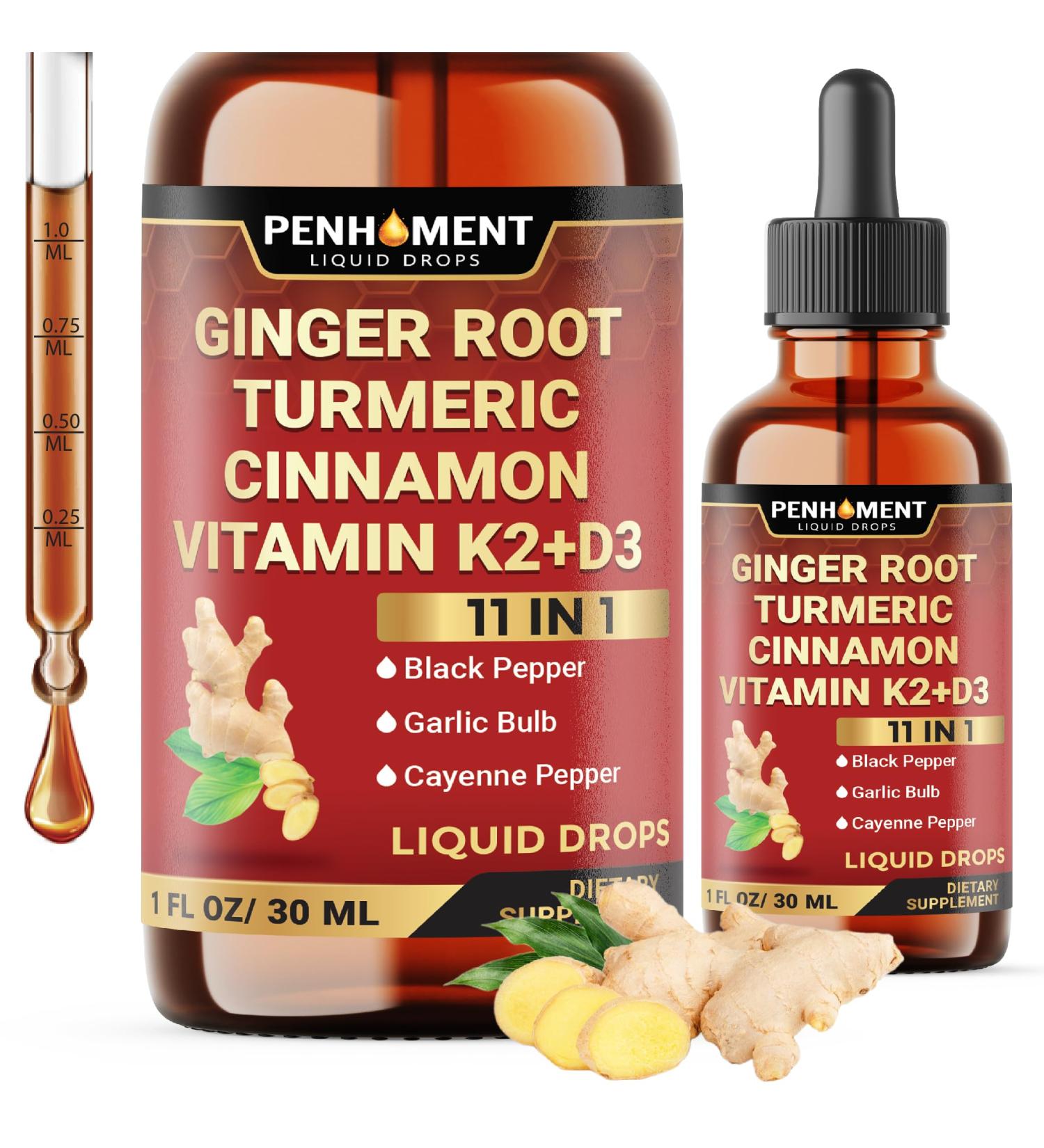 Penhoment 11in1 Liquid Ginger Extract with Liquid Turmeric, Ceylon Cinnamon Drops, Vitamin D3, Vitamin K2, Berberine Extract, Garlic, Black Pepper - Drops Extract - 1FL Oz - 2 Month Supply - Buy Online on GoSupps.com