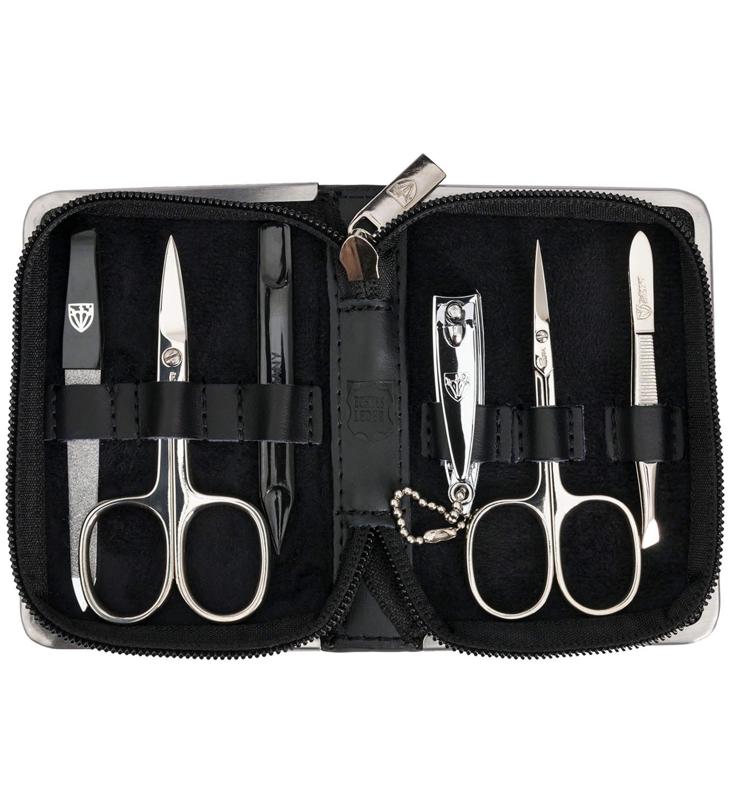 3 Swords Germany 6 Piece Manicure Pedicure Grooming Kit Set in Genuine Leather Case - Professional Nail Care Scissors and Clippers - Made in Solingen Germany - Black Leather - Gift Box Included - Buy Online on GoSupps.com