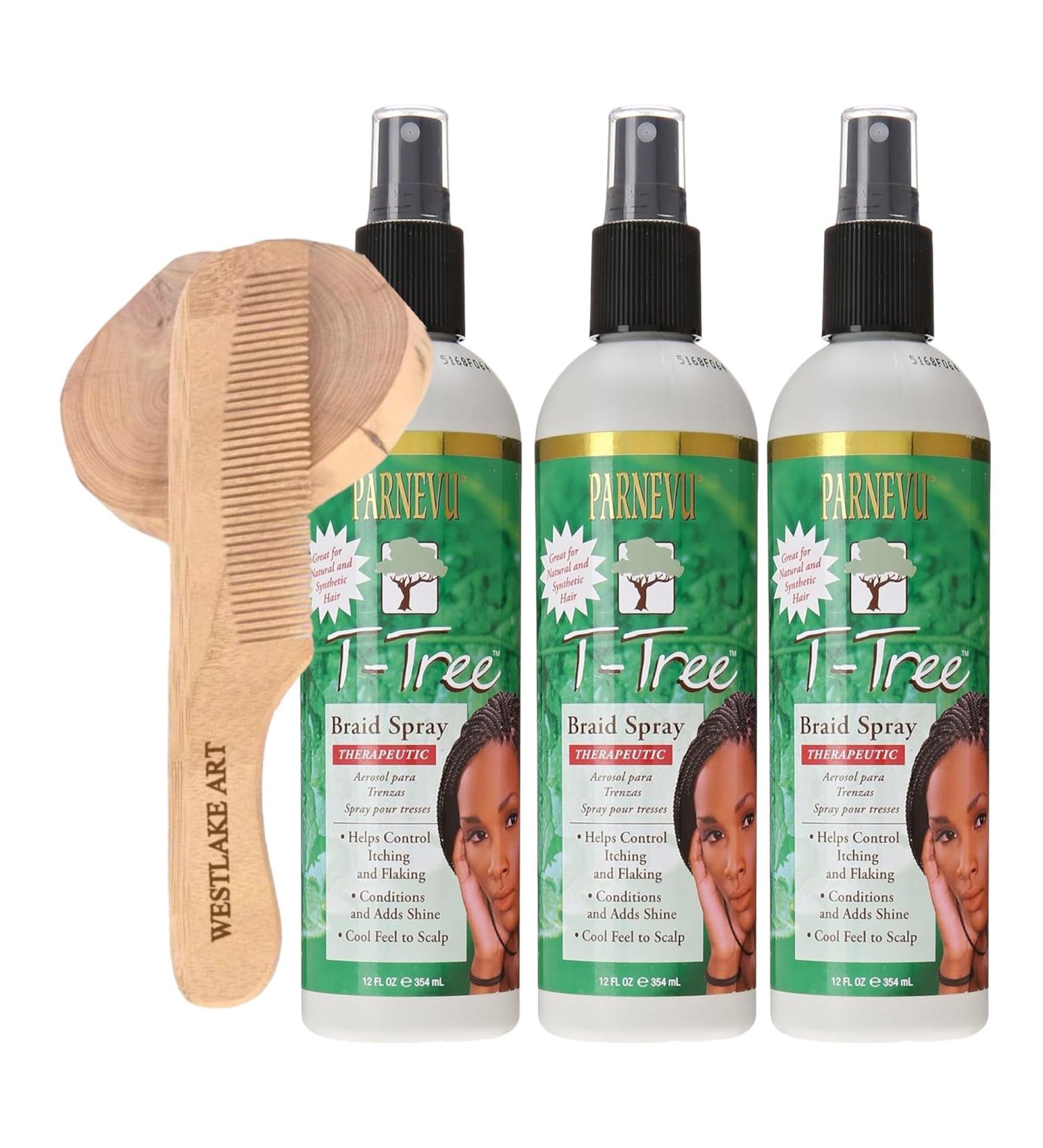 Parnevu T-Tree Braid Spray 12oz Soothing Itch Relief & Moisturizing Formula For Braided Hairstyles Bundled With Wooden Comb Strengthens Hair Easy Application Fresh Scent (Pack of 3) - Buy Online on GoSupps.com