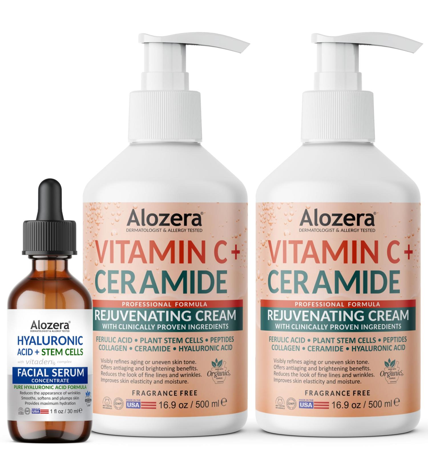 Alozera Vitamin C Body Lotion (2-Pack) and Hyaluronic Acid Serum with Ceramides and Stem Cells Hydrating and Rejuvenating Skincare Duo for Face, Neck and Body, Lightweight, Fragrance-Free, Made in U - Buy Online on GoSupps.com