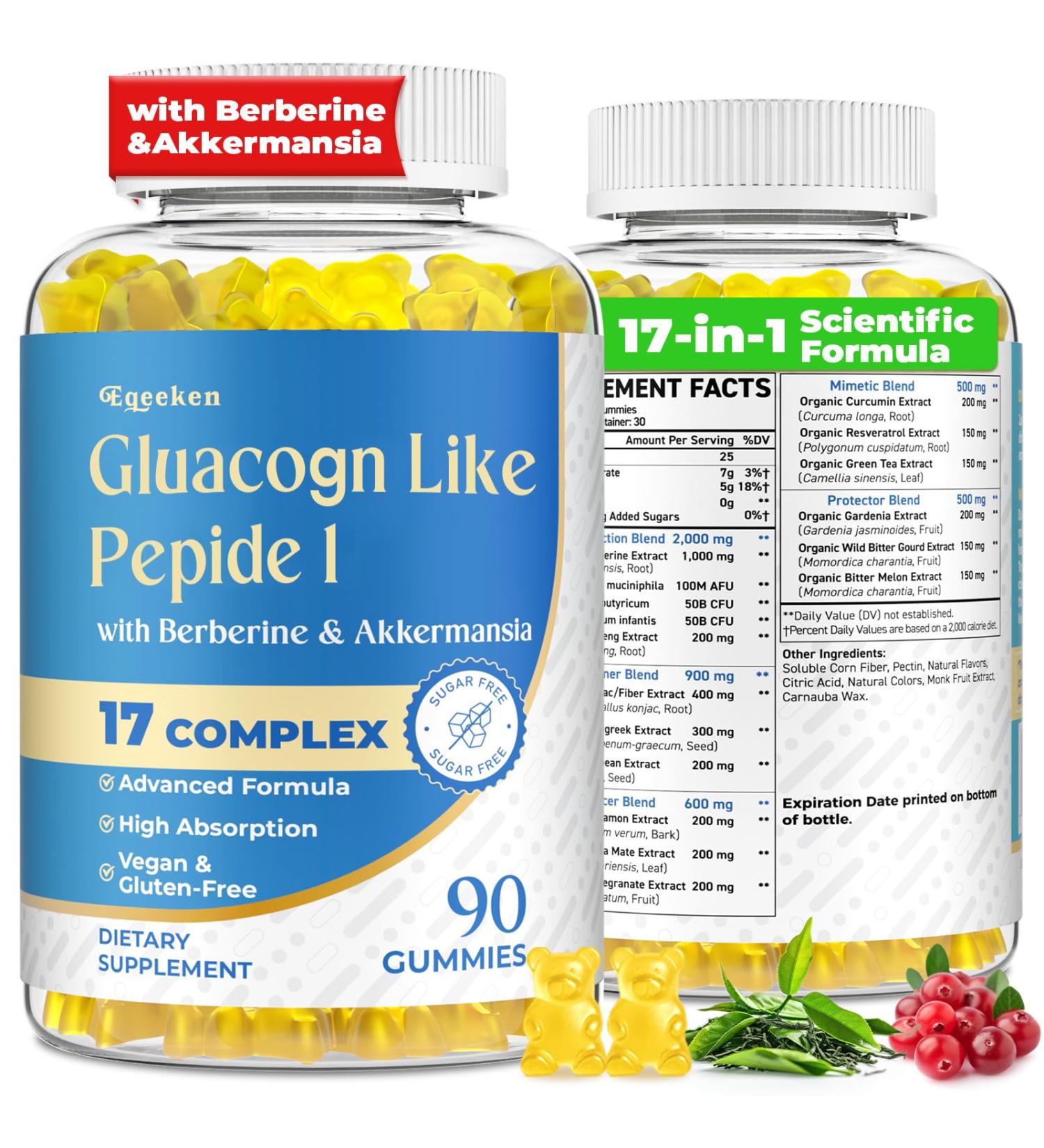 Gluacogn Like Pepide 1 for Women & Men | 17-in-1 Scientific Formula Gluacogn Like Pepide 1 with Akkermansia & Berberine for Nutrient Absorption Metabolism Digestion & Gut 0 Sugar 90 Gummies - Buy Online on GoSupps.com