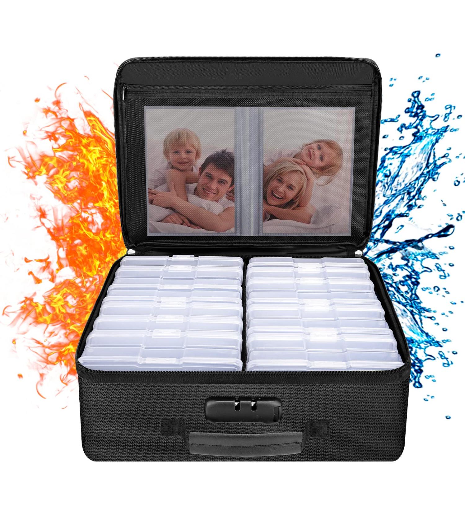 ENGPOW Fireproof Photo Storage Box | 16 Inner 4 x 6 Photo Case | Lockable Organizer for Valuables | Portable & Collapsible Container with Handle - Buy Online on GoSupps.com