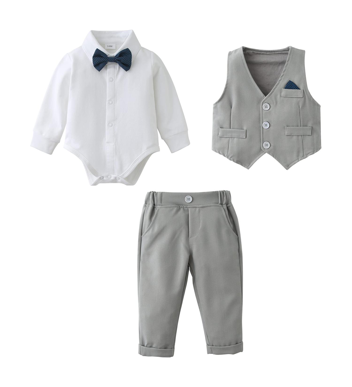 Amissz Baby Boy Formal Tuxedo Clothing Set 12-18 Months - Gentleman Romper Jumpsuit, Pants, Bow Tie - Grey - Buy Online on GoSupps.com