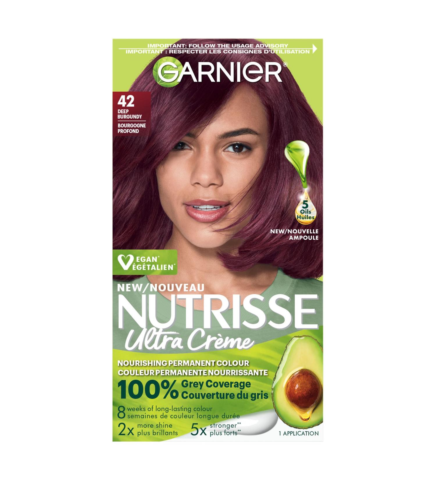 Garnier Nutrisse Ultra Cr me Permanent Hair Dye 100% Grey Coverage Vegan Formula Nourished Hair Long-Lasting Rich Colour 42 Deep Burgundy 1 Application Packaging May Vary RED SHADES 42 Deep Burgundy - Buy Online on GoSupps.com