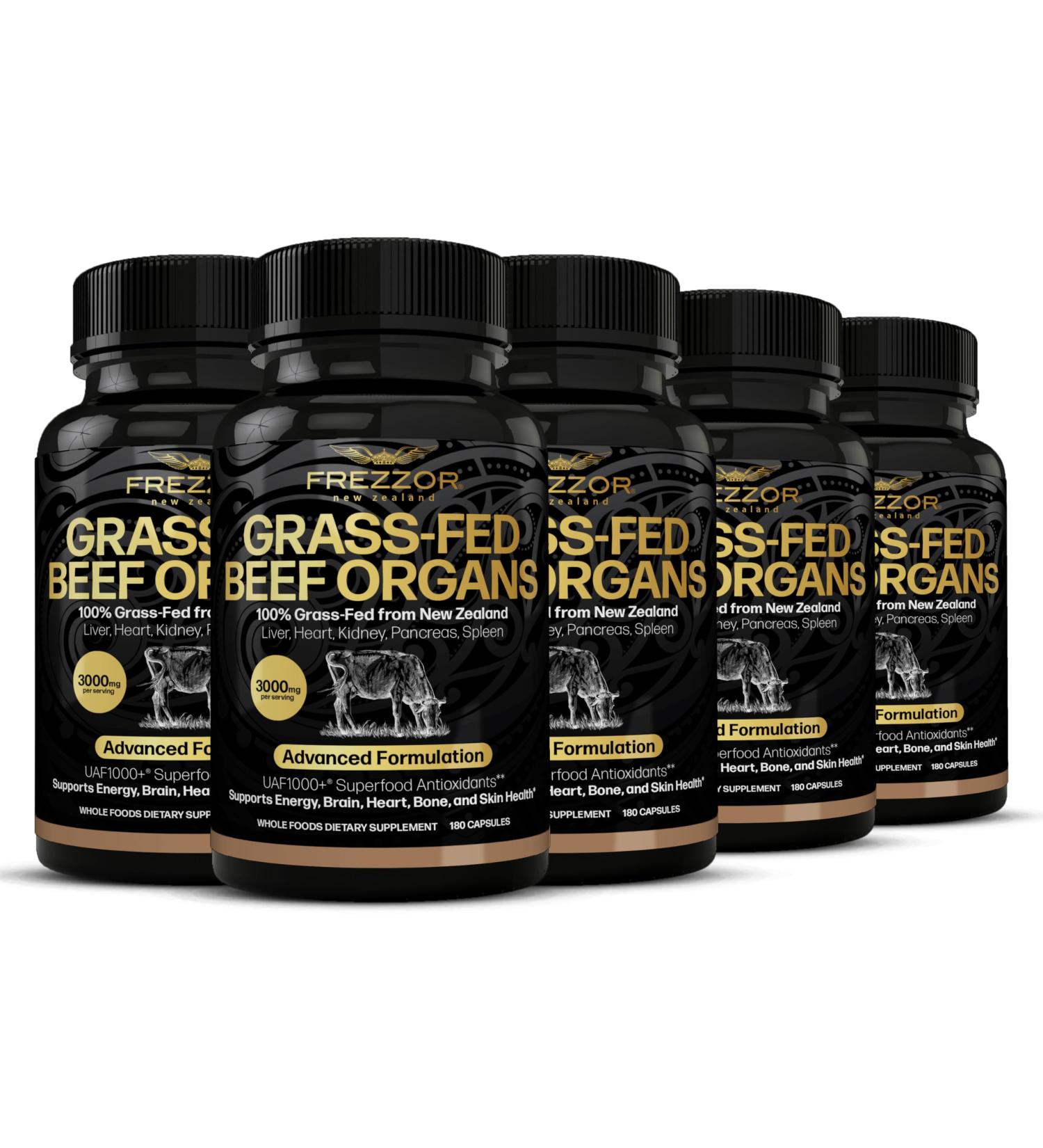 FREZZOR New Zealand 100% Live-Grass-Fed Beef Organs Complex Supports Whole Body Wellness and Energy with Proprietary Blend of Liver Heart Kidney Pancreas & Spleen Non-GMO 3000mg 900 Capsules