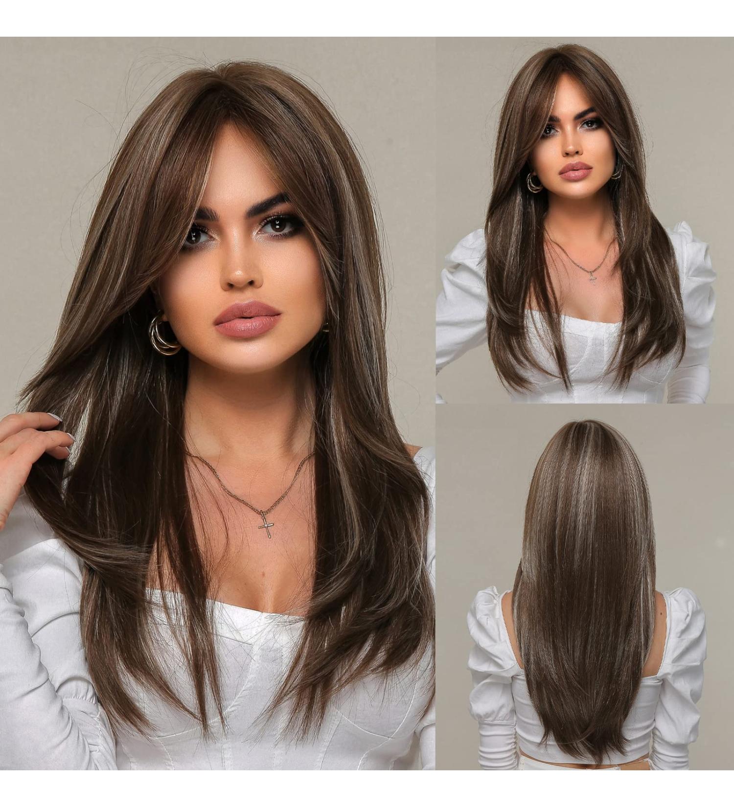 EMMOR Brown Long Layered Wig with Curtain Bangs - Heat Resistant Synthetic Fibre (Brown with Grey Highlight) - Buy Online on GoSupps.com