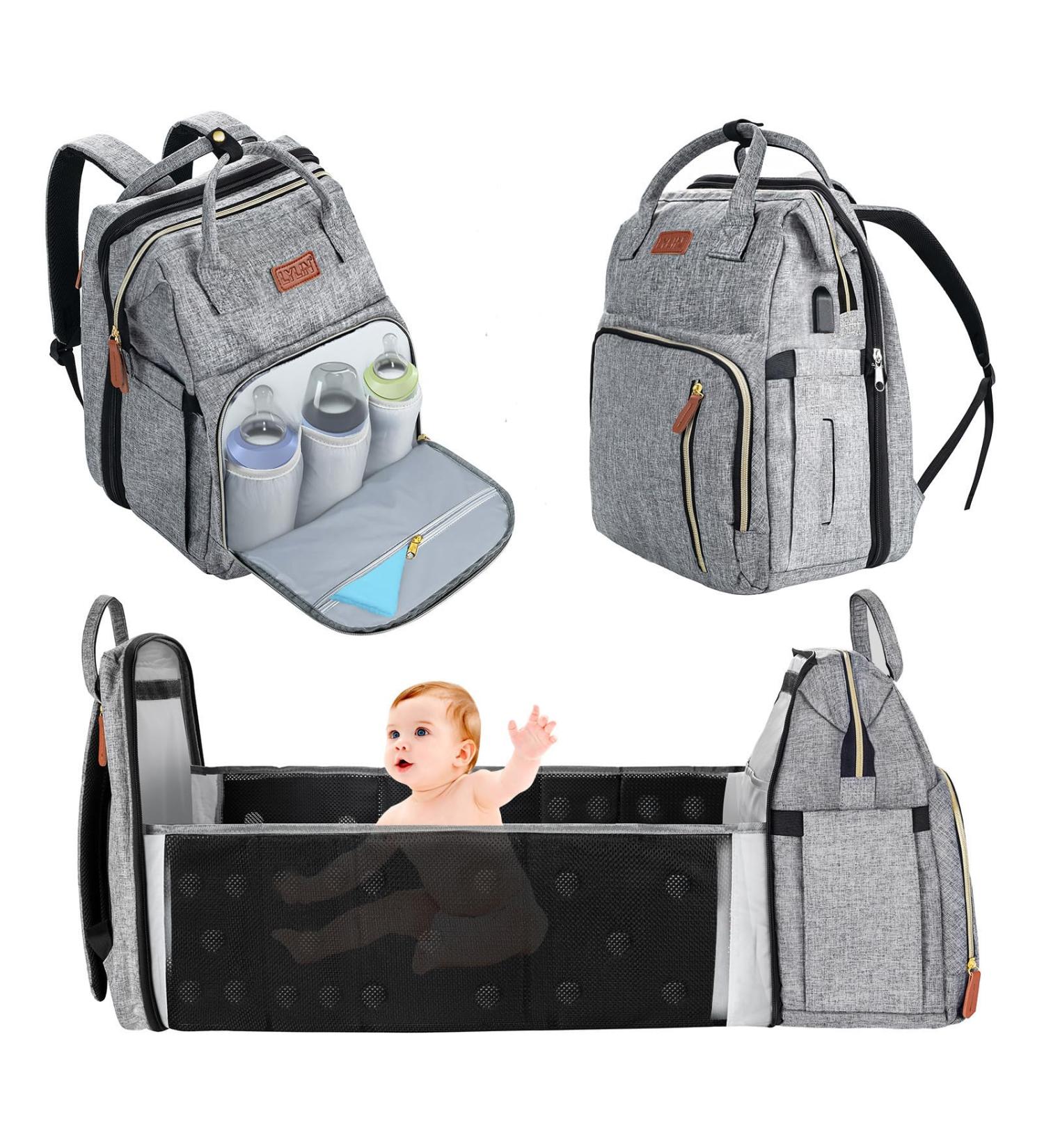 Yuniss Multifunctional Diaper Backpack | Large Capacity Waterproof Baby Bag with Bed Diaper Pad & Stroller Belt - Gray - Buy Online on GoSupps.com