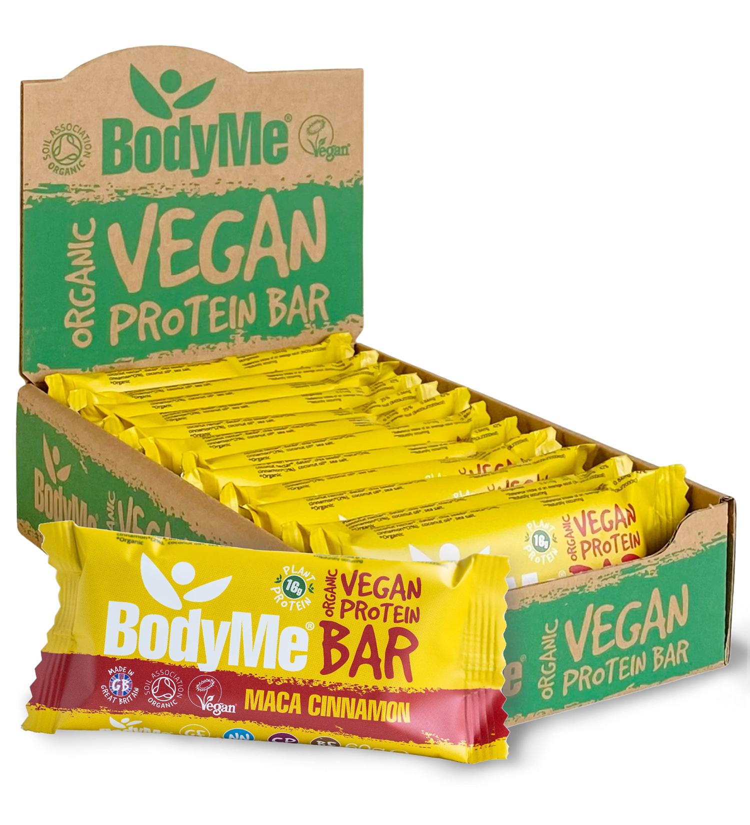 BodyMe ORGANIC Vegan Protein Bar - Raw Maca Cinnamon | 12 x 60g Snack Bars Gluten Free | 16g Complete Protein | Plant Proteins | High Protein Vegan Snacks - Maca Cinnamon 12 Count - Buy Online on GoSupps.com