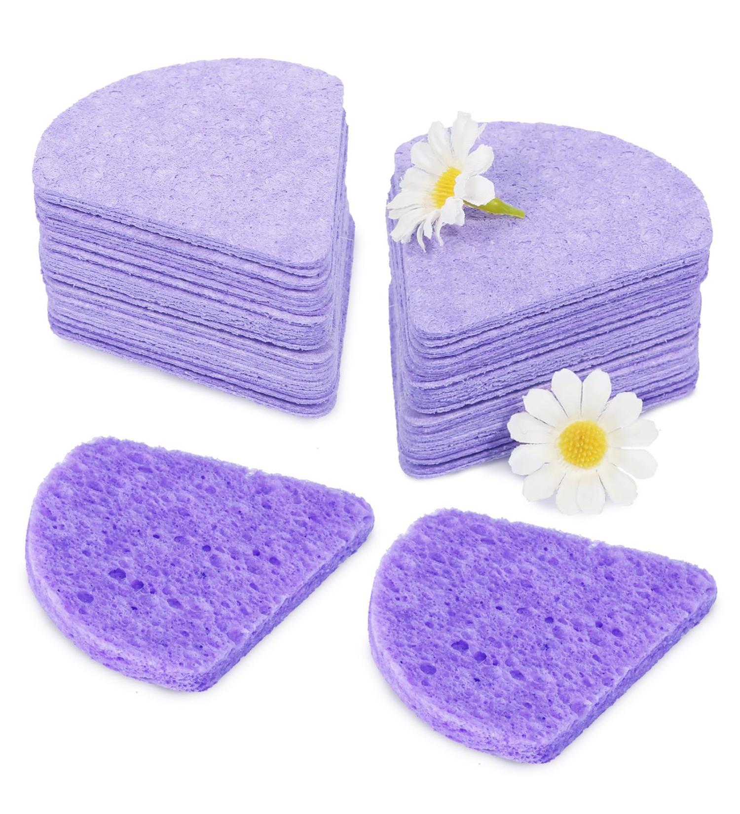 Compressed Flower-Shaped Facial Sponges | Exfoliating Cleaning Sponge for Beauticians (Triangles | Purple) - International Shipping - Buy Online on GoSupps.com