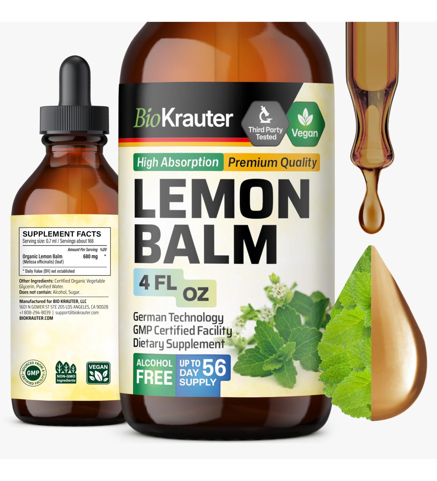 BIO KRAUTER Lemon Balm Tincture 680 mg Melissa Officinalis - Pure Vegan Lemon Balm Extract 4 Fl.Oz 56 Days of Supply - Natural Calming & Sleep Support - Alcohol & Sugar Free - Digestion & Relaxation 4 Fl Oz (Pack of 1) - Buy Online on GoSupps.com