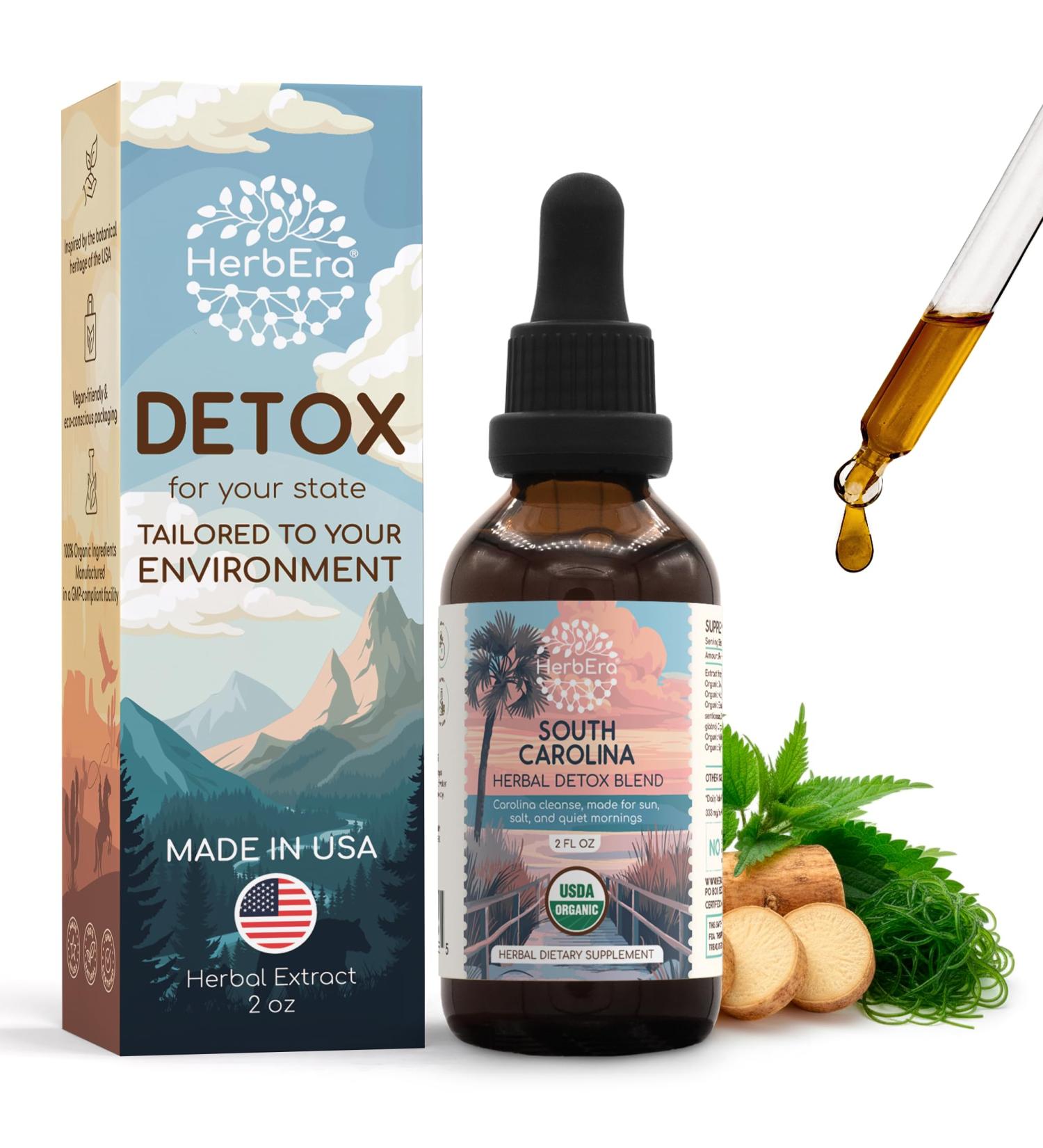 HerbEra South Carolina Herbal Detox Blend - USDA Organic Extract Made in USA | Immune & Liver Support Liquid Drops | Dandelion Root Eleuthero Licorice Milk Thistle | 2 fl oz - Buy Online on GoSupps.com