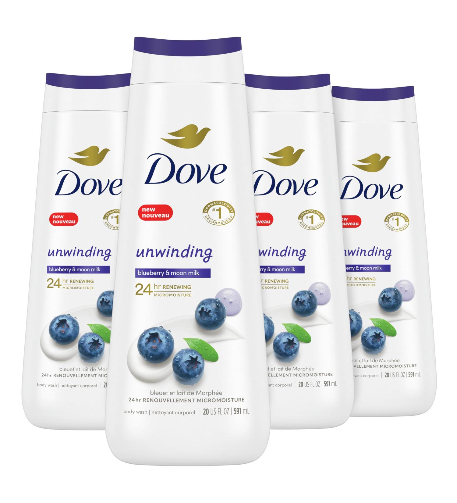 Dove Body Wash Unwinding Blueberry & Moon Milk 4 Count for Renewed Healthy Looking Skin Moisturizing Gentle Skin Cleanser with 24hr Renewing MicroMoisture 20 oz - Buy Online on GoSupps.com