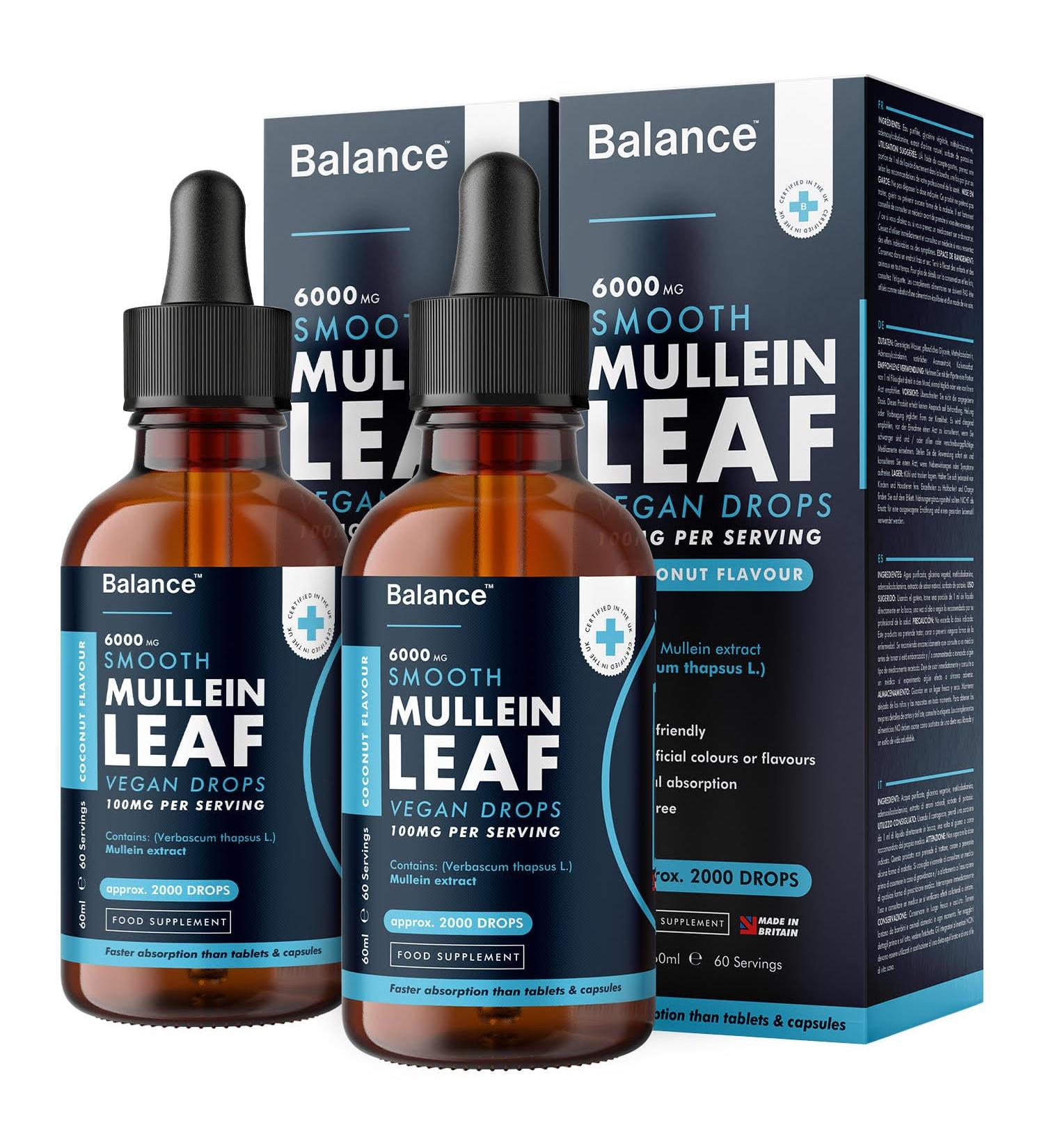 Balance Mullein Leaf Liquid Drops - 120ml for 4 Month Supply - High Strength - Vegan - 120 Servings - Premium Mullein Leaf Extract - 6 000mg per Bottle - Sublingual for Fast Absorption - Made in UK 60 ml (Pack of 2) - Buy Online on GoSupps.com