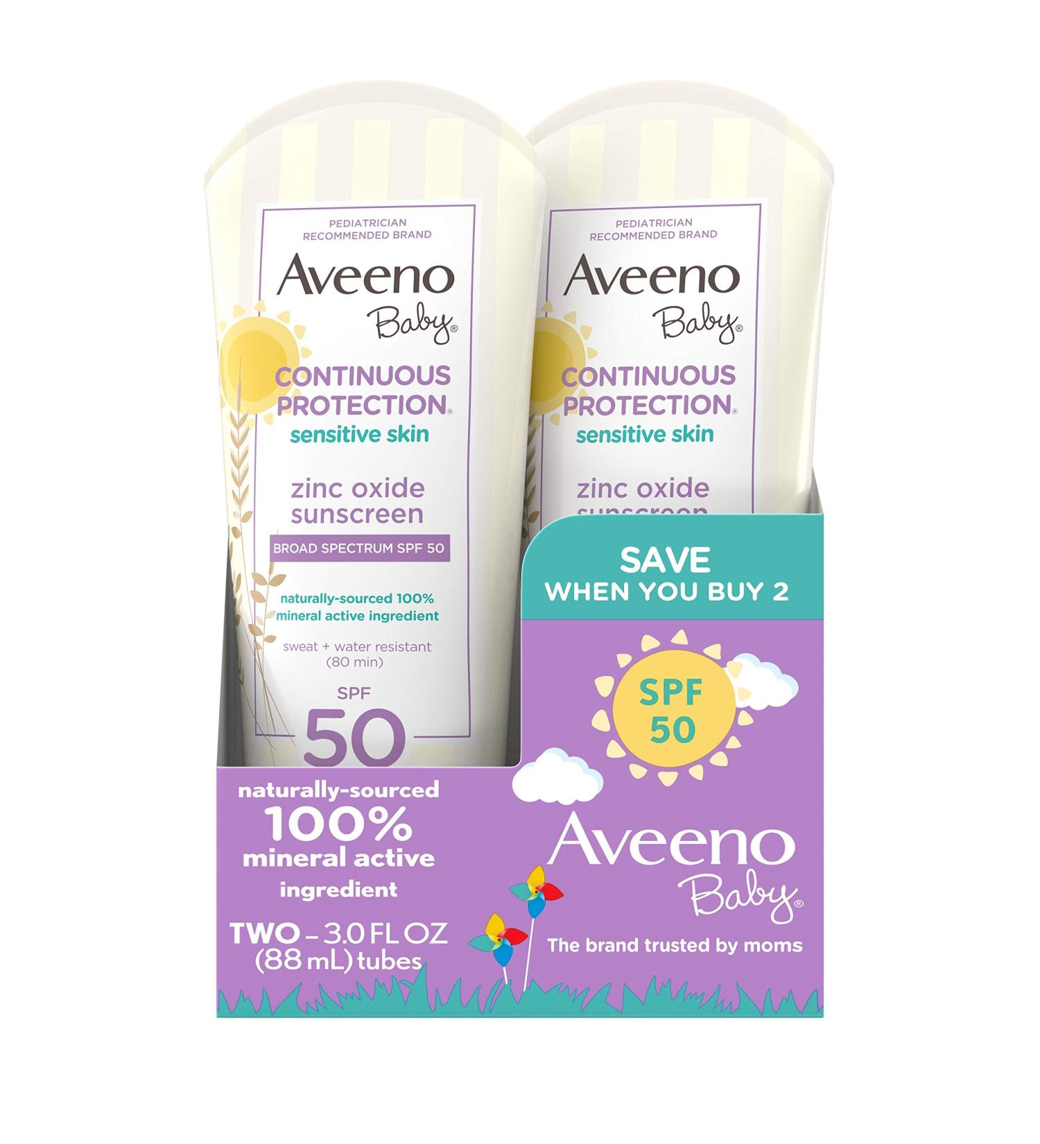 Aveeno Baby Zinc Oxide Mineral Sunscreen Lotion SPF 50, 3 fl. oz (2 Pack) Paraben-Free, Tear-Free, Water-Resistant - Buy Online on GoSupps.com