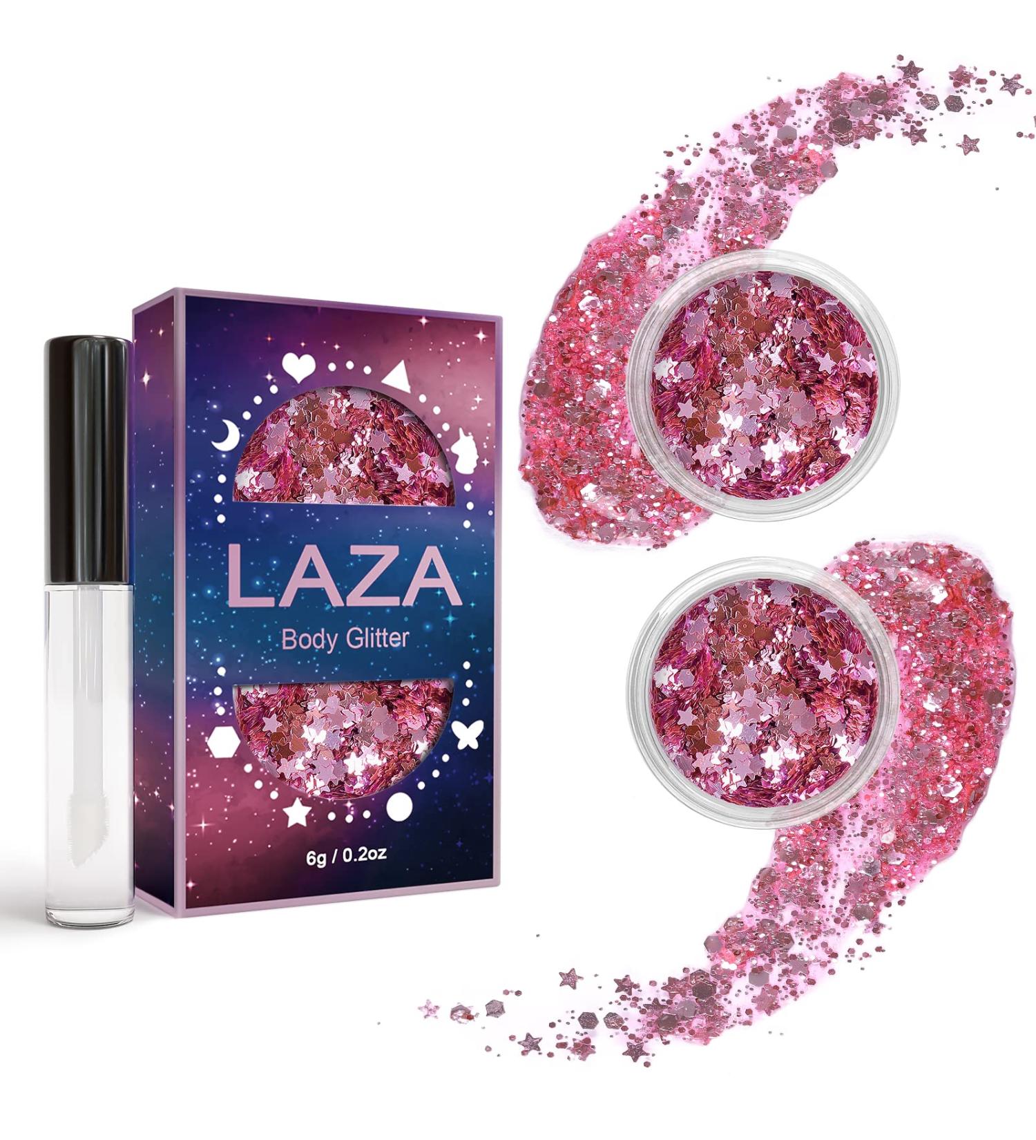Laza Body Glitter Set - Iridescent Chunky Sequins with Glitter Glue for Women, Festival & Party Makeup, Hair & Outfit Accessories - Pink - Buy Online on GoSupps.com