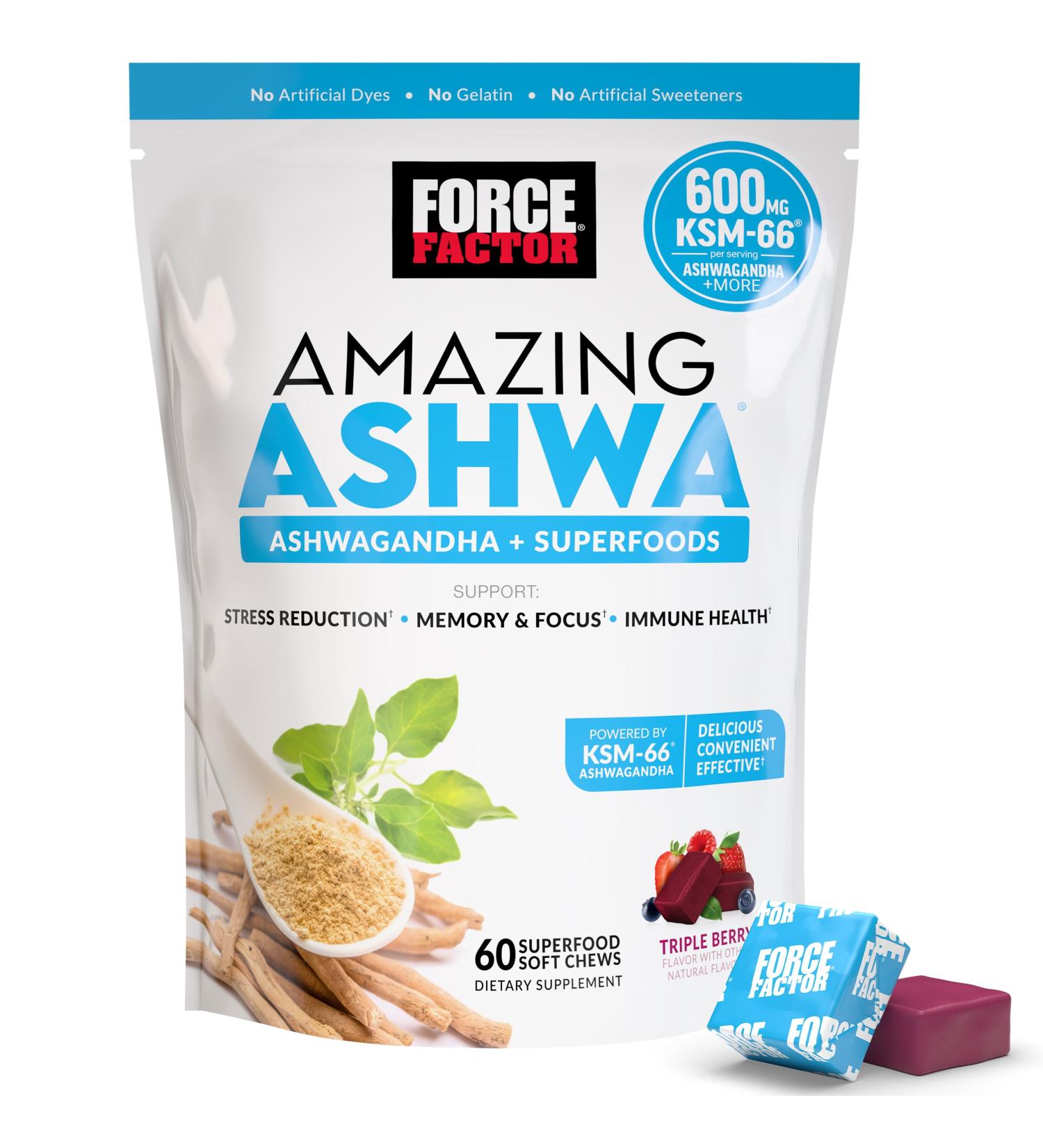 Force Factor Amazing Ashwa for Stress Relief, Memory, Focus, and Immune Support Health, Ashwaganda Supplement with KSM-66 Ashwagandha for Stress, 60 Soft Chews 60 Count (Pack of 1) - Buy Online on GoSupps.com