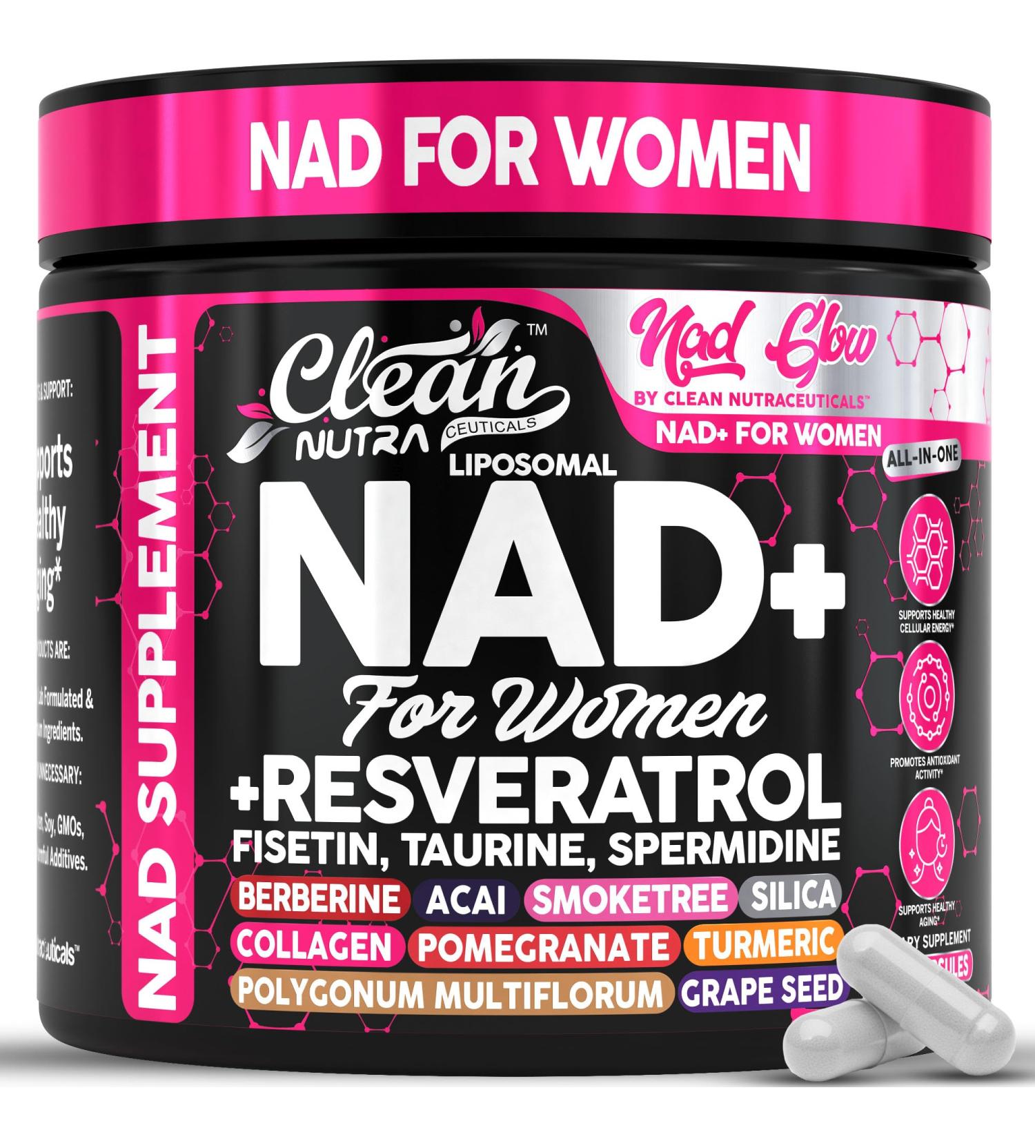 NAD+ Resveratrol Supplement for Women NAD Turmeric Vitamin C Acai Pomegranate Collagen Peptides Nicotinamide Riboside Fisetin Vitamin E Polygonum Multiflorum Berberine 90 Capsules by Clean Nutra - Buy Online on GoSupps.com