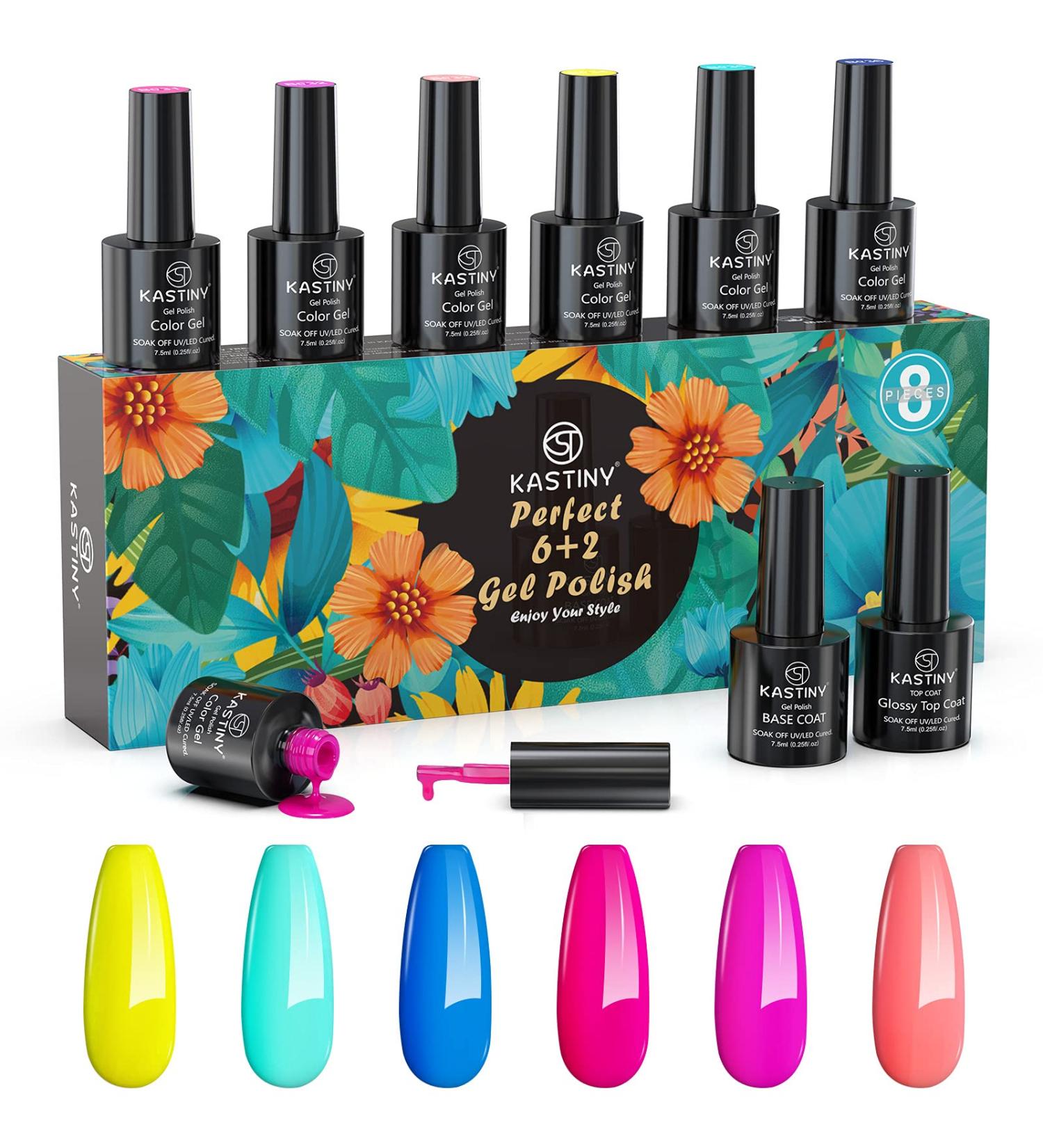 Kastiny 8Pcs Summer Candy Colors Gel Nail Polish Kit with Base & Top Coat - DIY Manicure Set for Holiday Gift - Buy Online on GoSupps.com