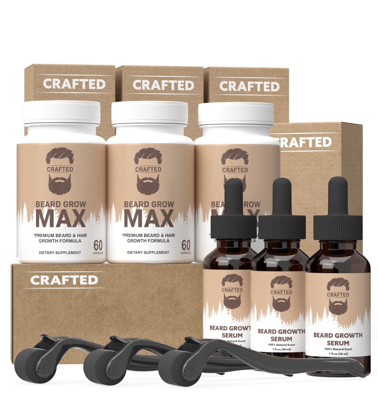 Crafted Beard Growth Kit - 3x Oil, Roller, Vitamins - Thicker Fuller Beard - 3 Month Supply - Buy Online on GoSupps.com