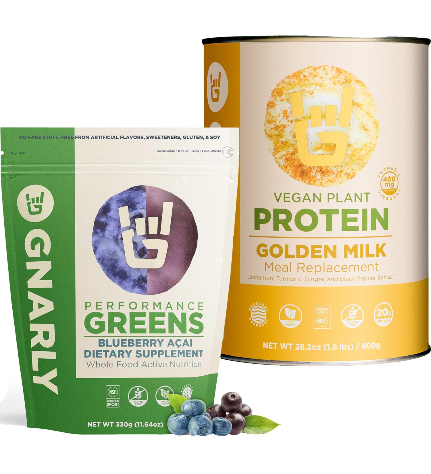 Golden Milk Vegan Protein Powder and Gnarly Performance Greens Blueberry A ai (11.64 oz) - Buy Online on GoSupps.com