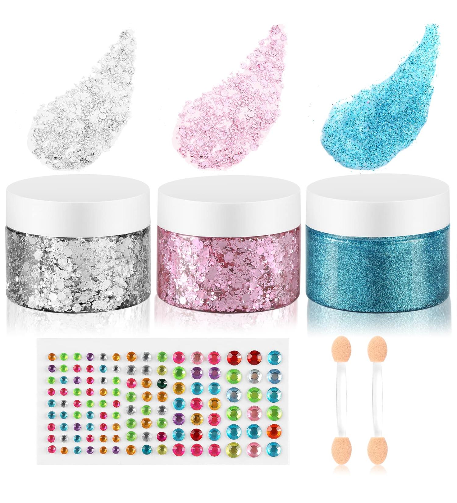 Creamify Face Body Glitter Gel - Pink, Silver & Blue Glitter with Gems Sticker - Rave & Mermaid Makeup - 65g - Buy Online on GoSupps.com